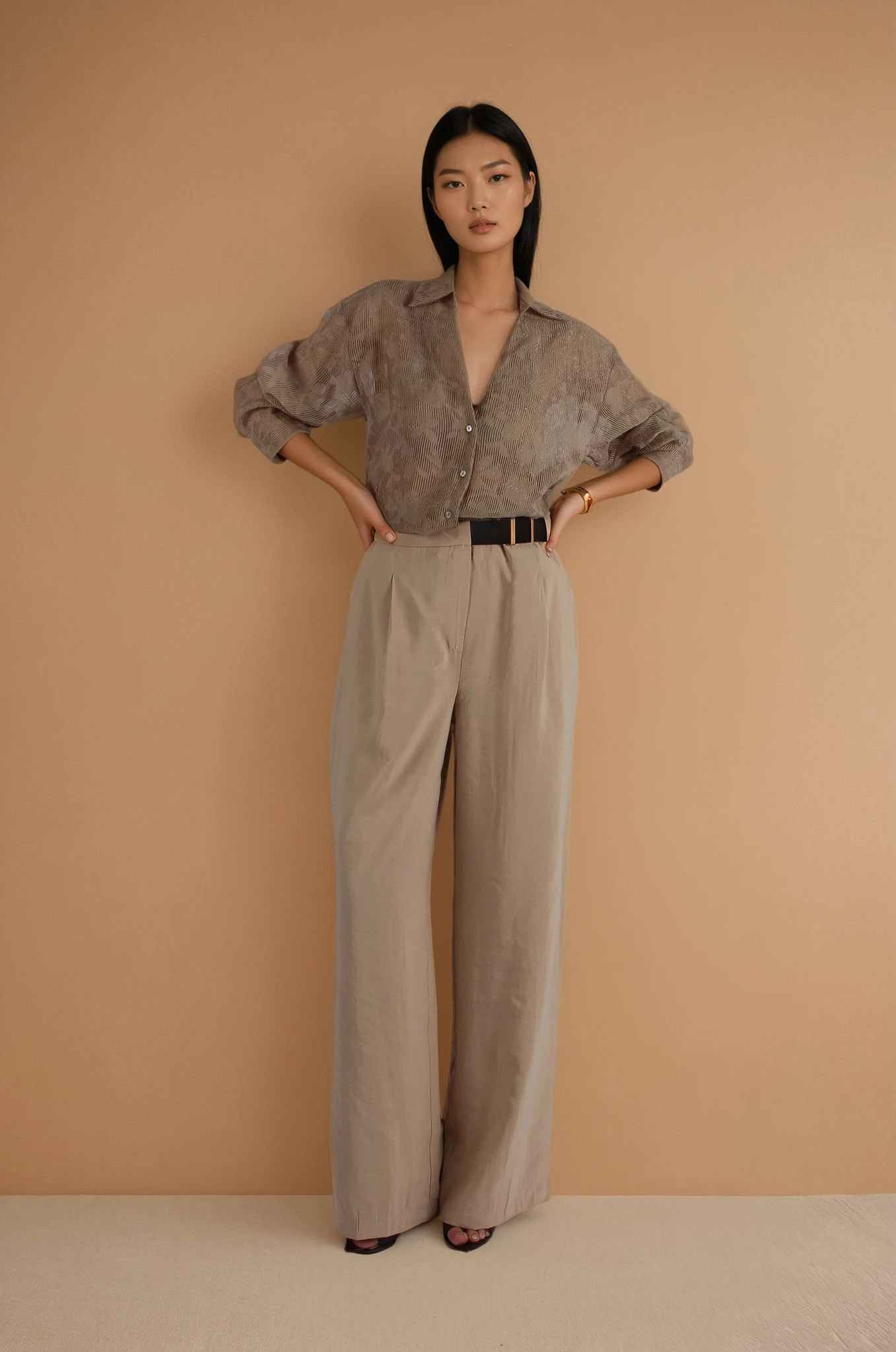 Bej Kemer Detaylı Palazzo Pantolon