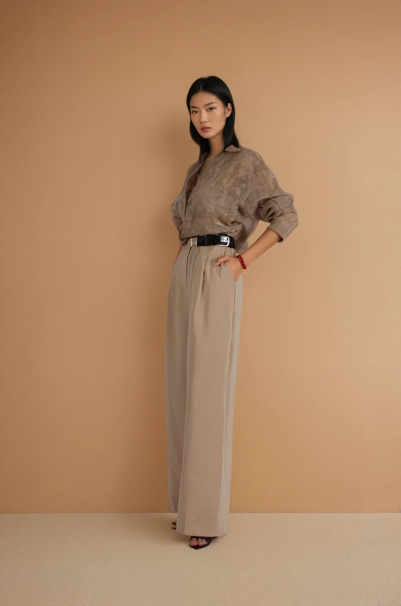 Bej Kemer Detaylı Palazzo Pantolon