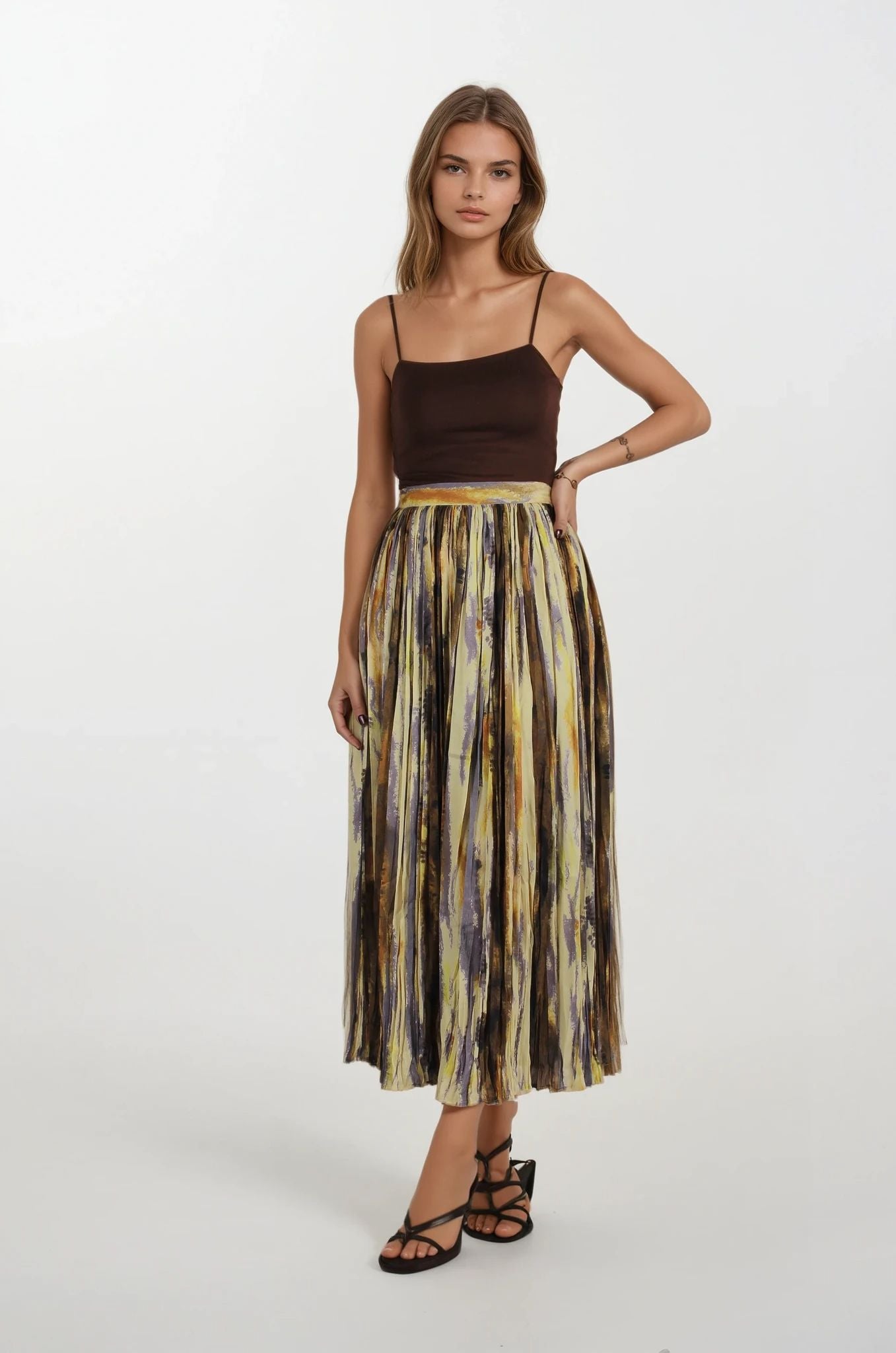 Sarı Desenli Pileli Etek