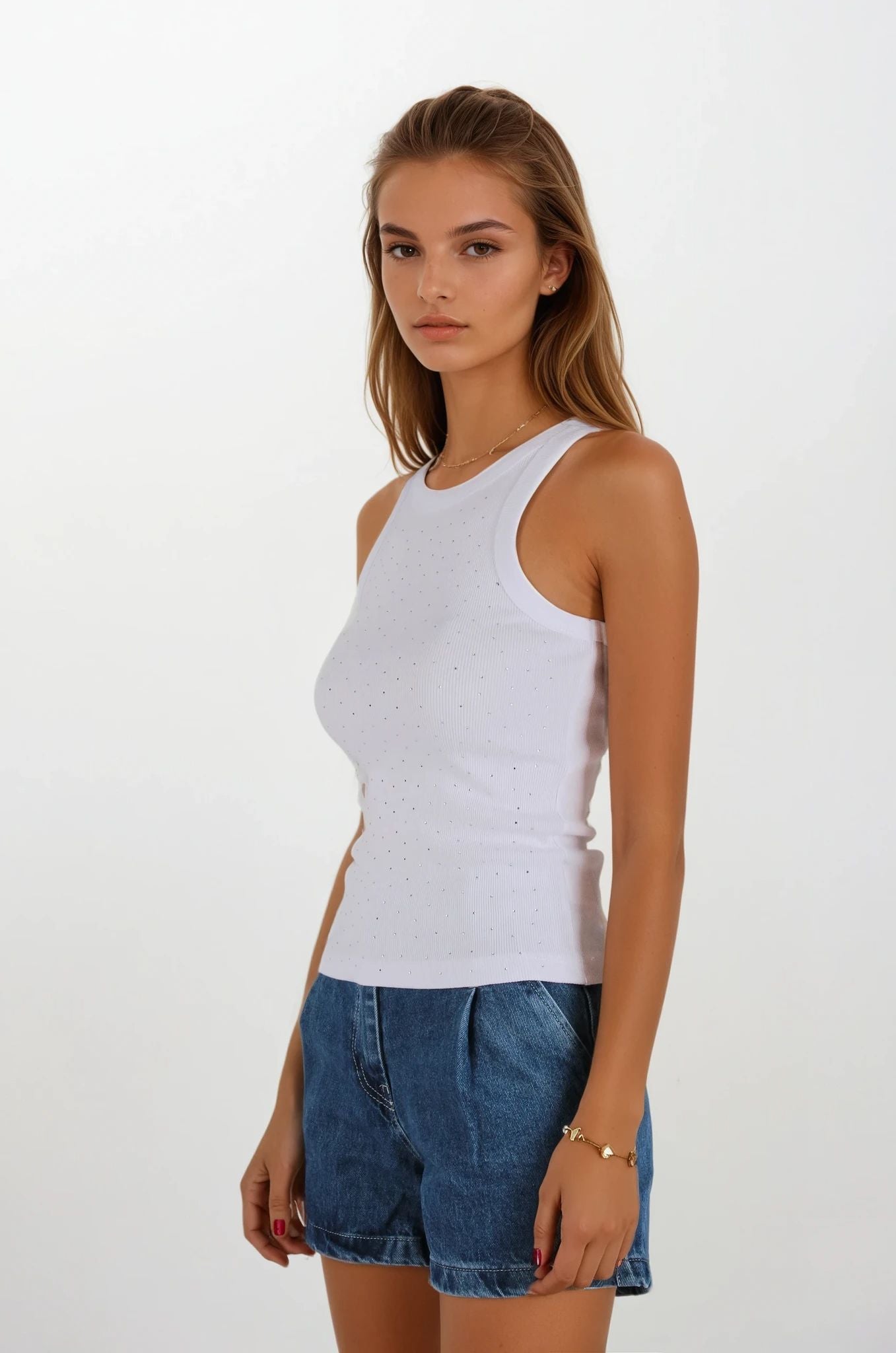 Beyaz Sıfır Kol Taşlı atlet