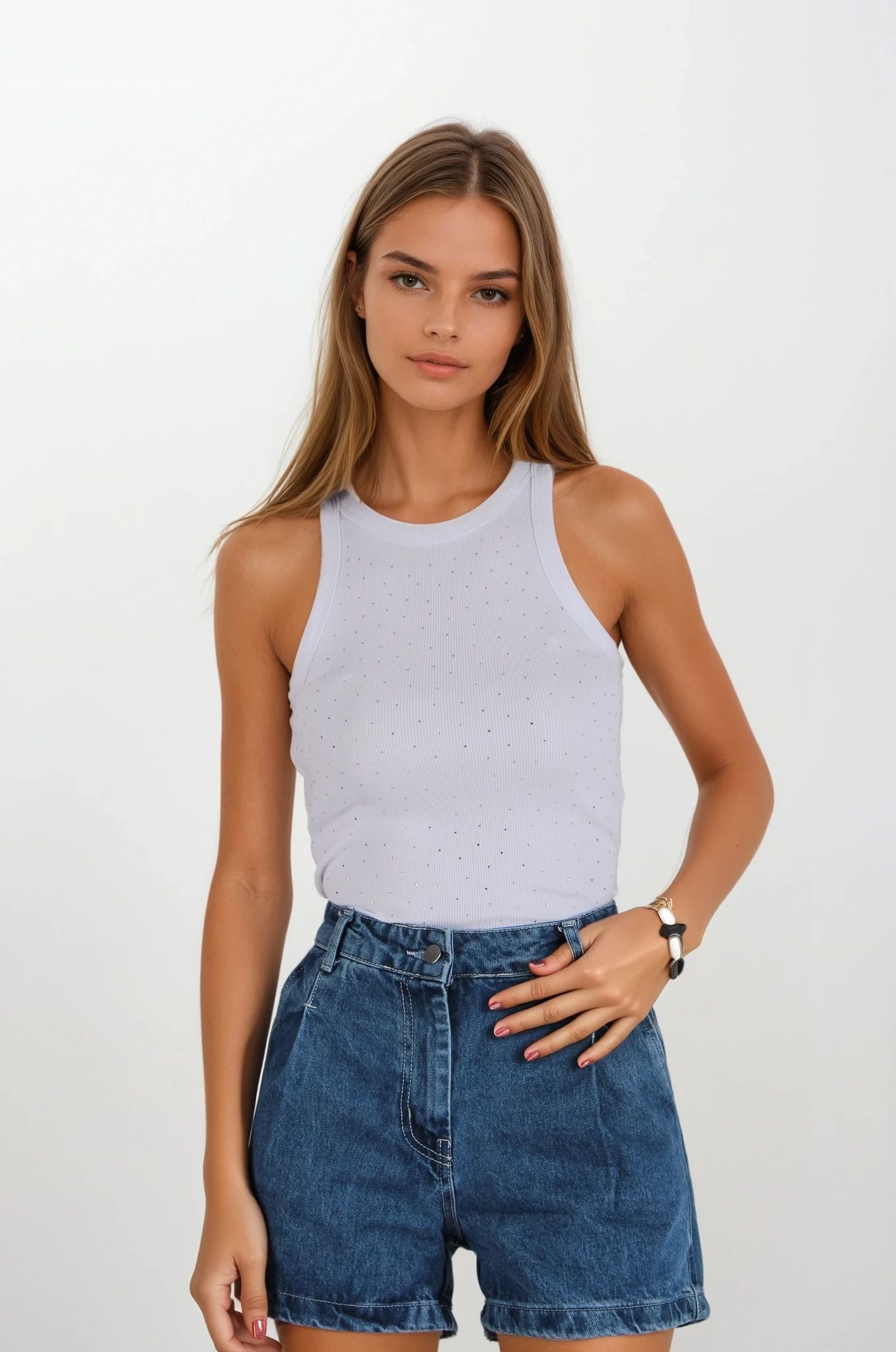 Beyaz Sıfır Kol Taşlı atlet