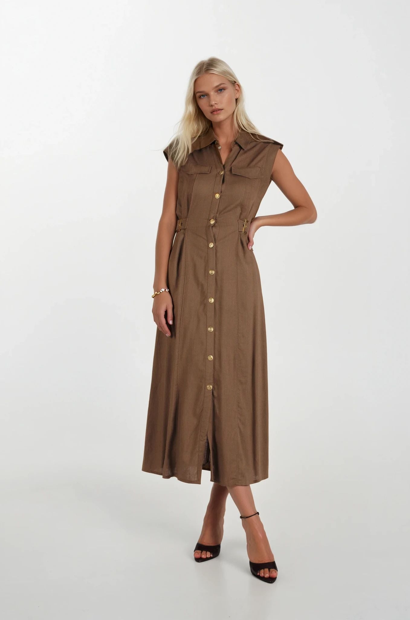 kahverengi Keten Midi Boy Elbise