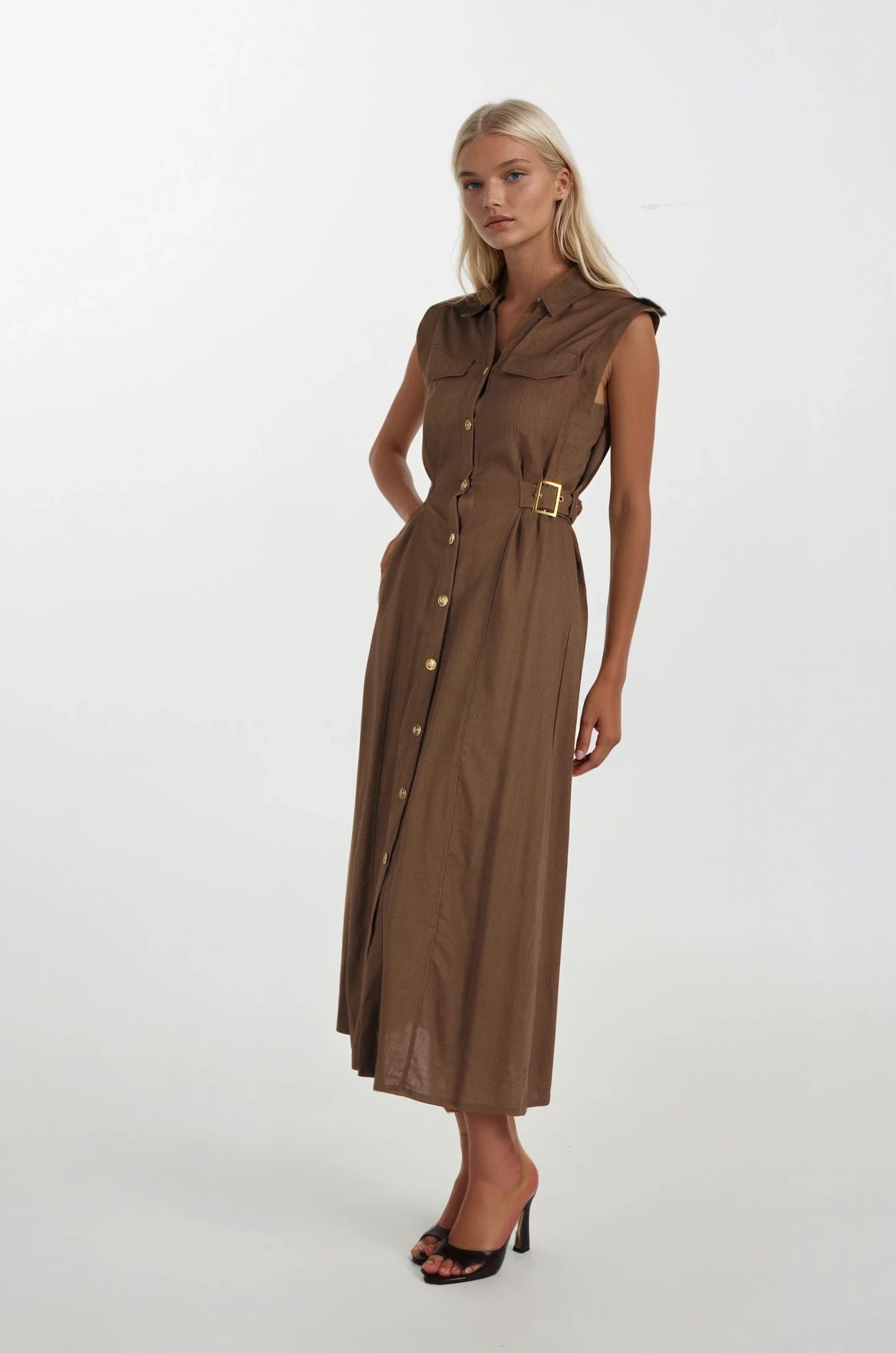 kahverengi Keten Midi Boy Elbise