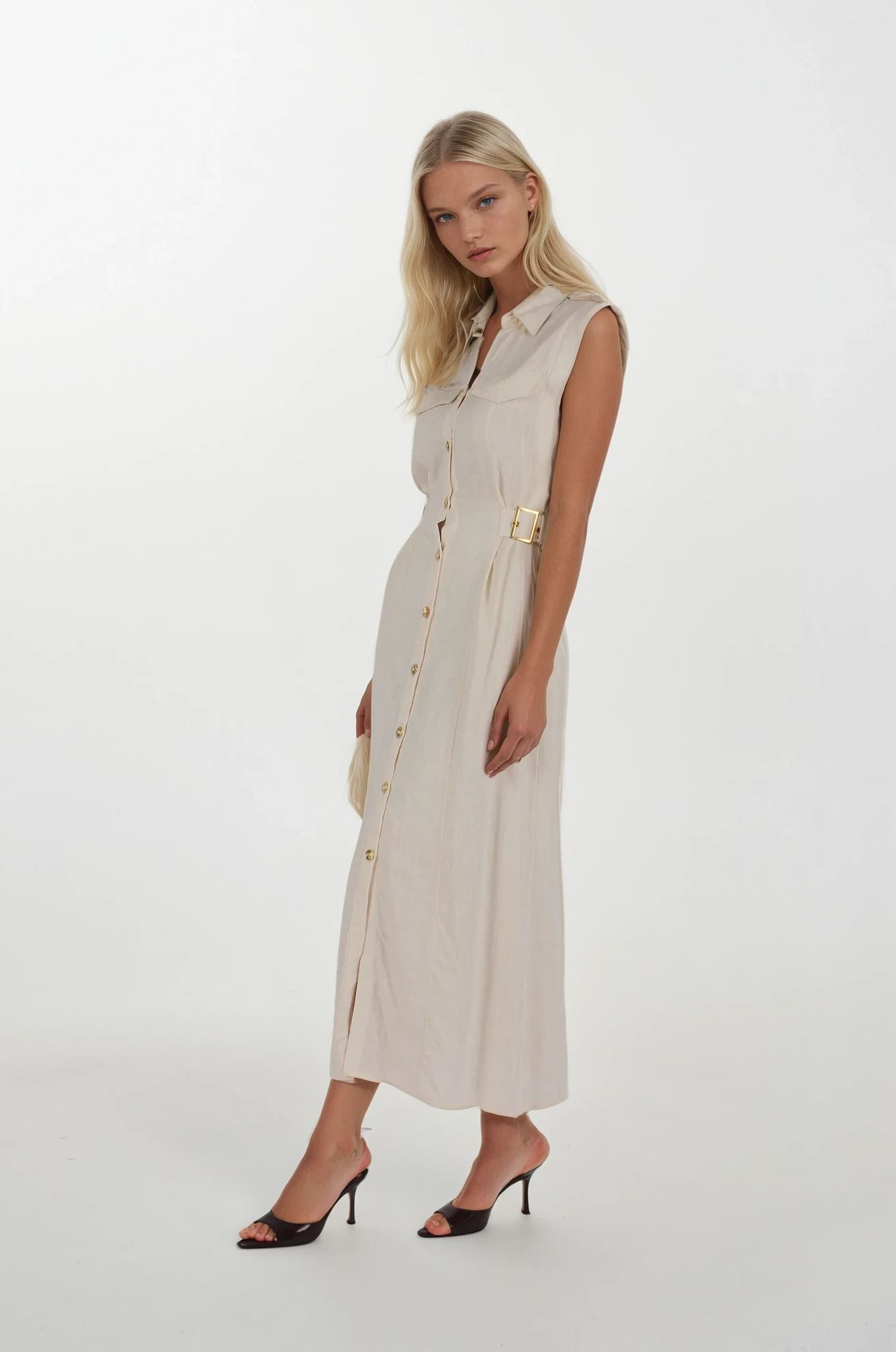 Krem Keten Midi Boy Elbise