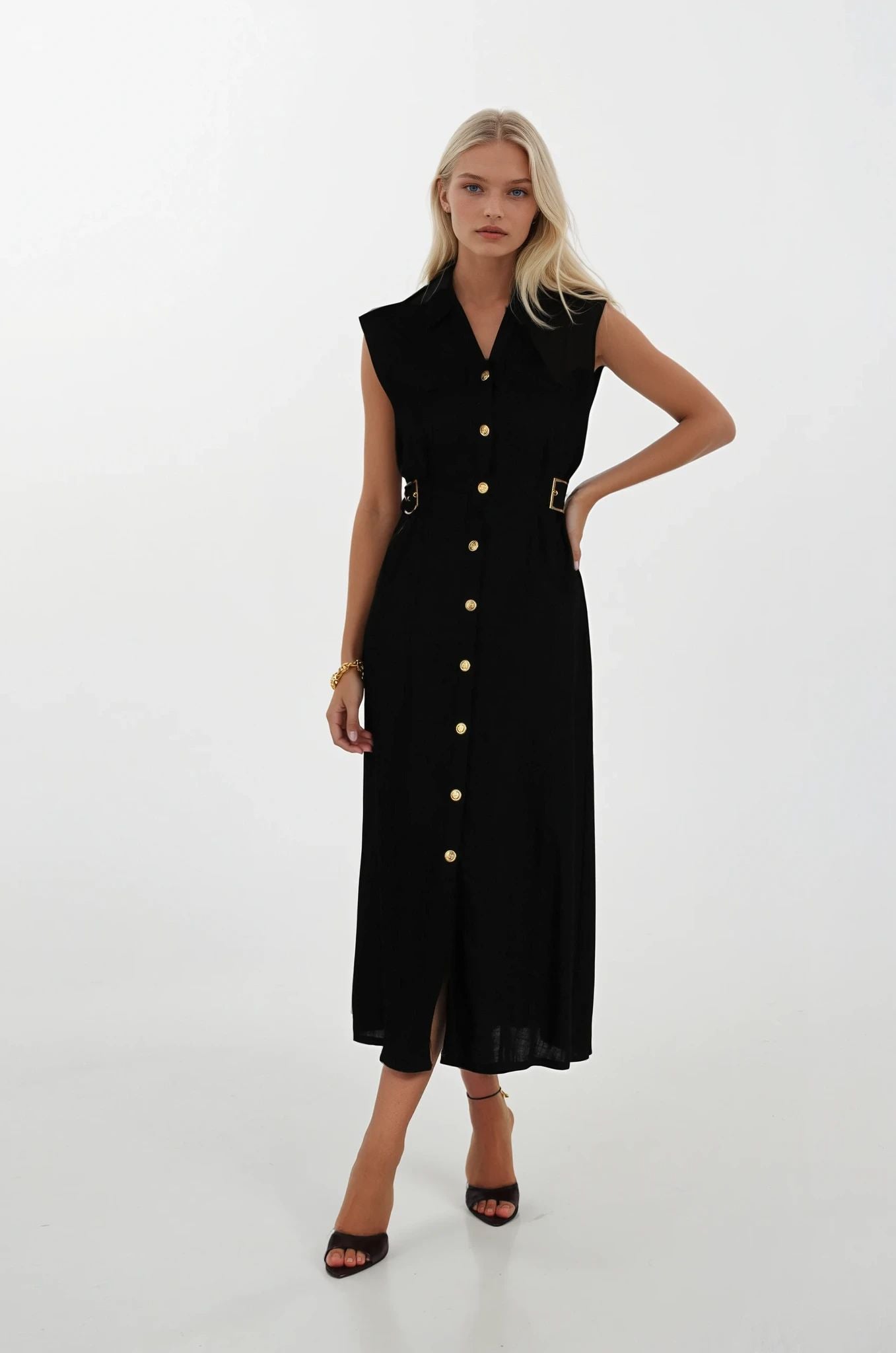 Siyah Keten Midi Boy Elbise