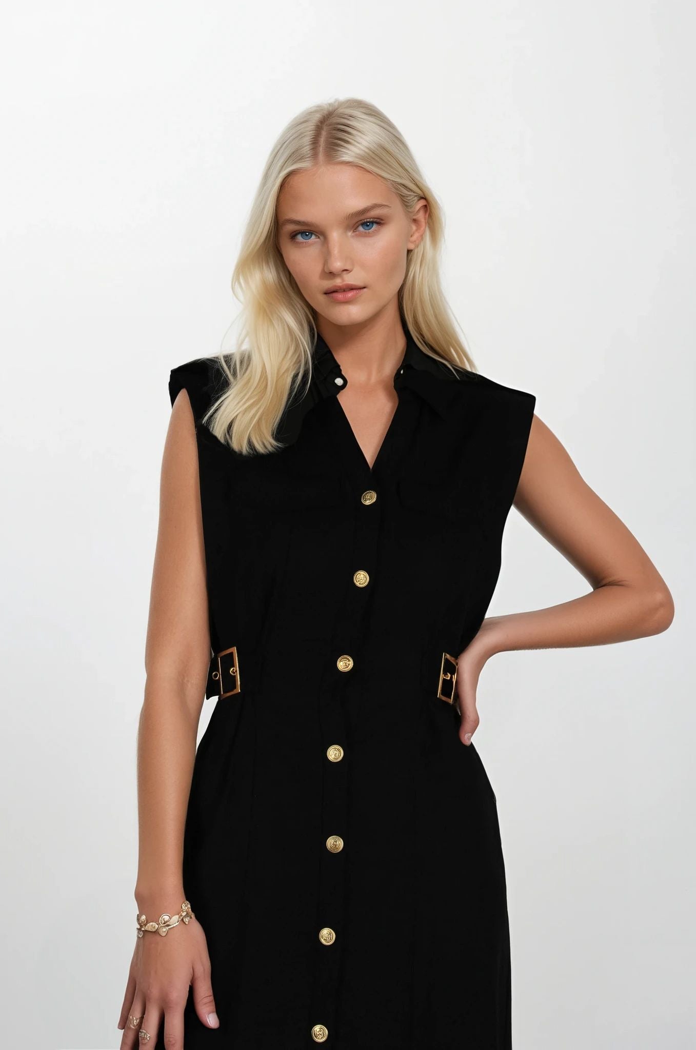 Siyah Keten Midi Boy Elbise