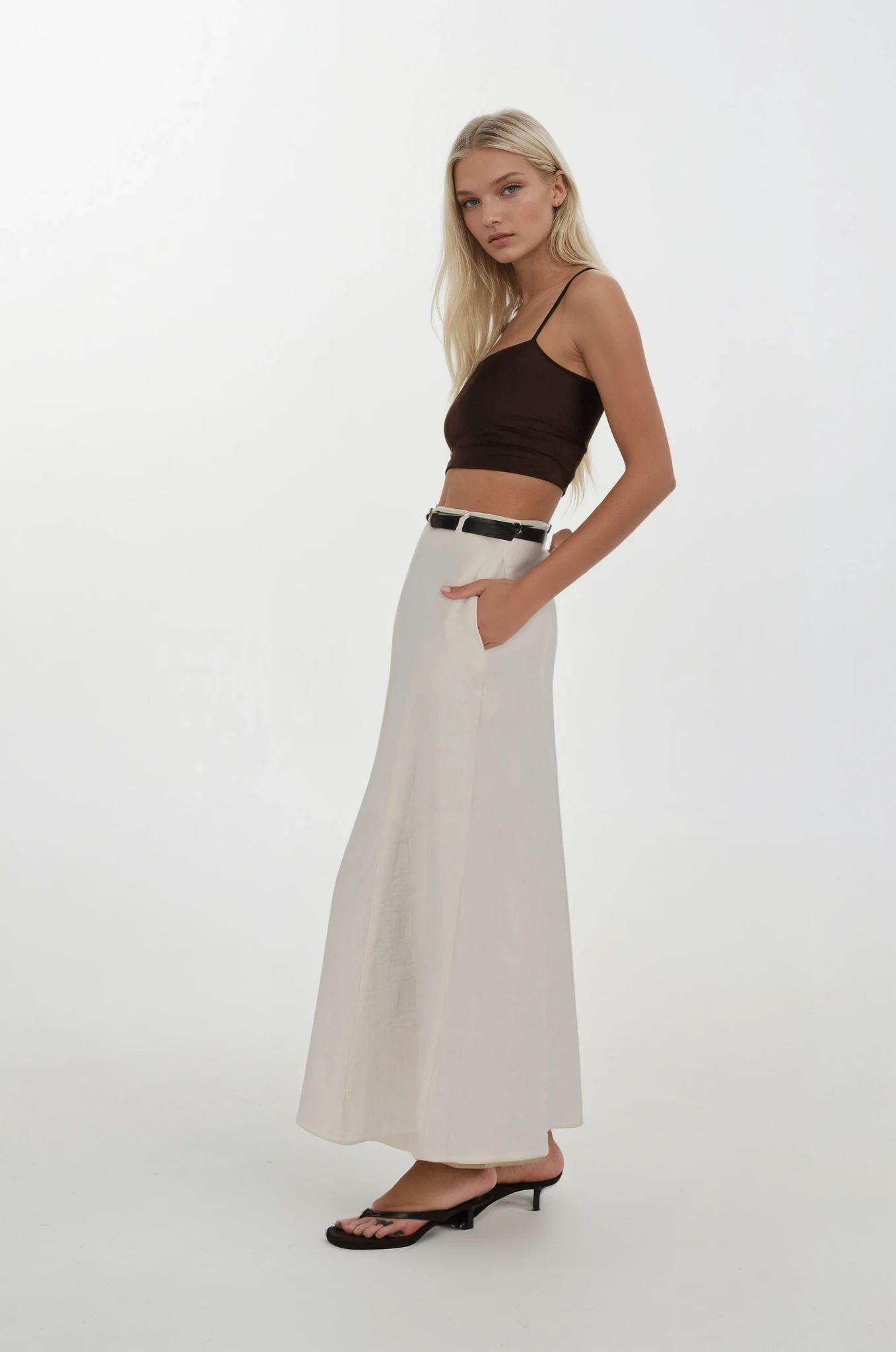 Ekru Yandan Cepli Midi Boy Etek