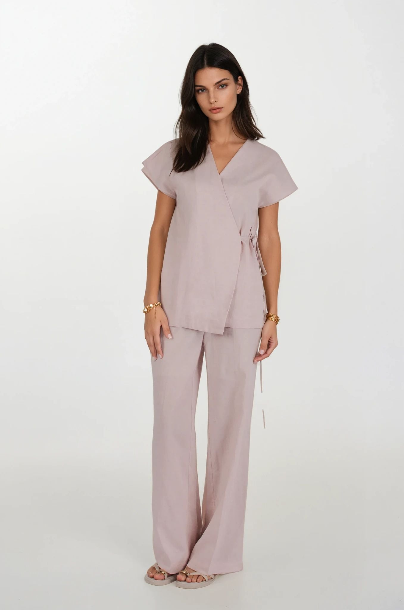 Pembe Keten Bluz Pantolon Takım