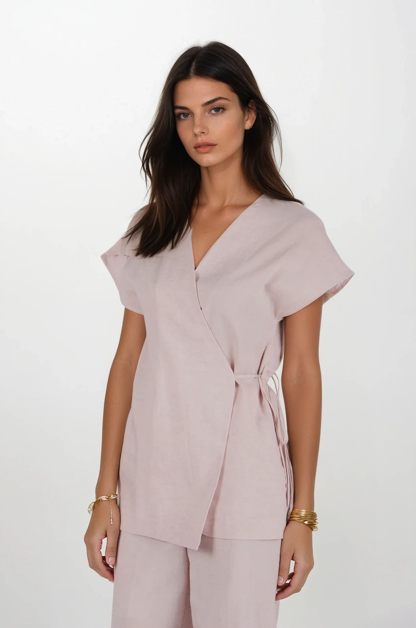 Pembe Keten Bluz Pantolon Takım