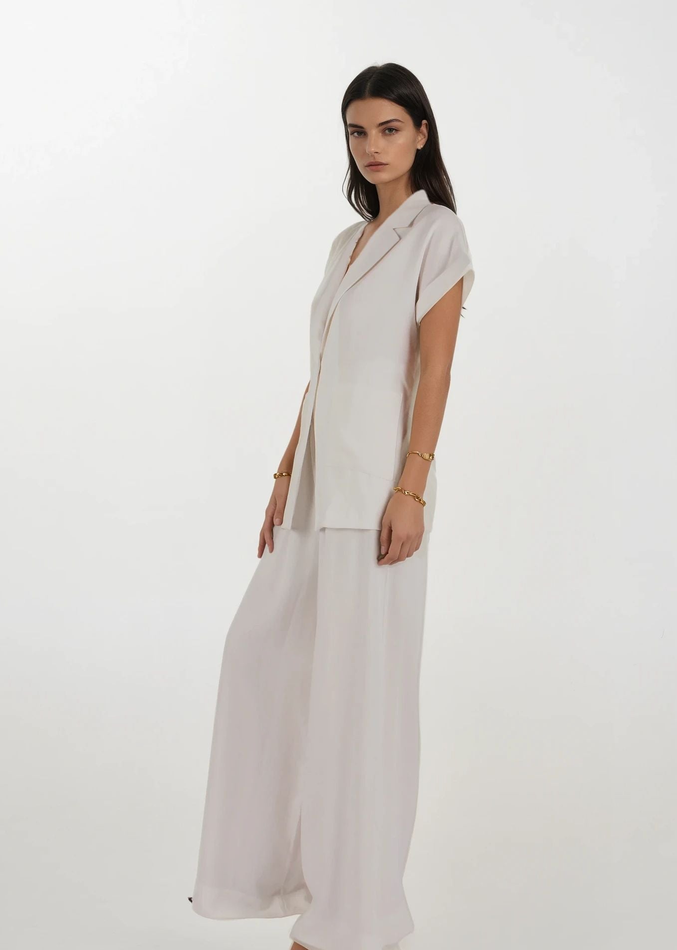 Beyaz Tensel Palazzo Pantolon Ceket Takım