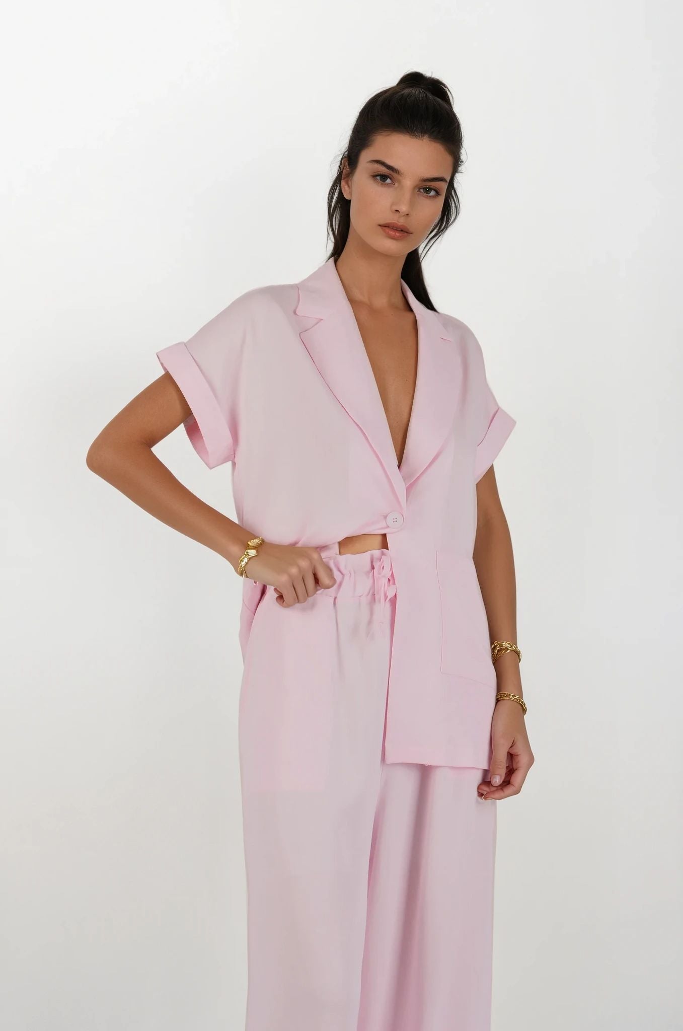 Pembe Tensel Palazzo Pantolon Ceket Takım