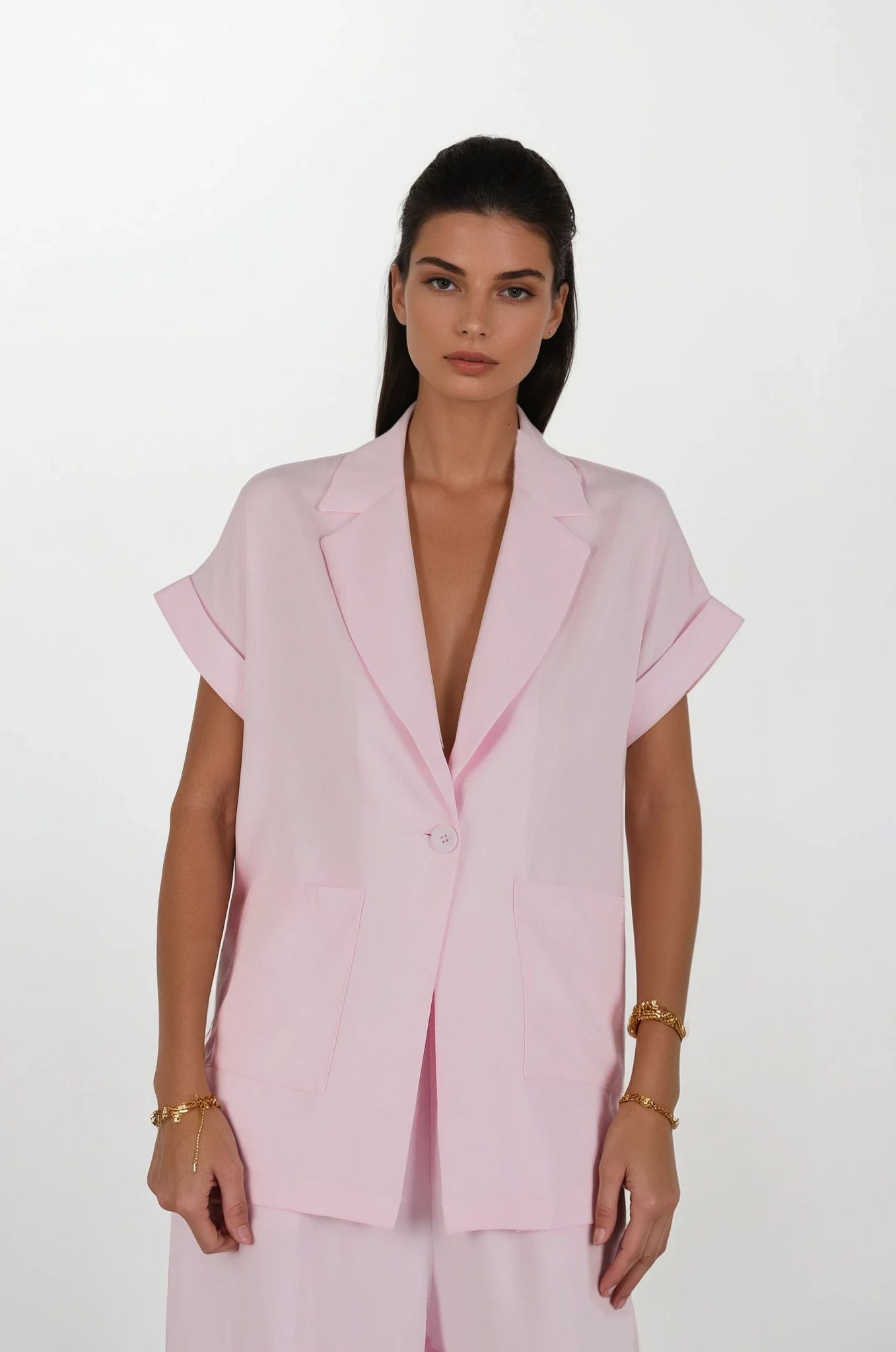 Pembe Tensel Palazzo Pantolon Ceket Takım