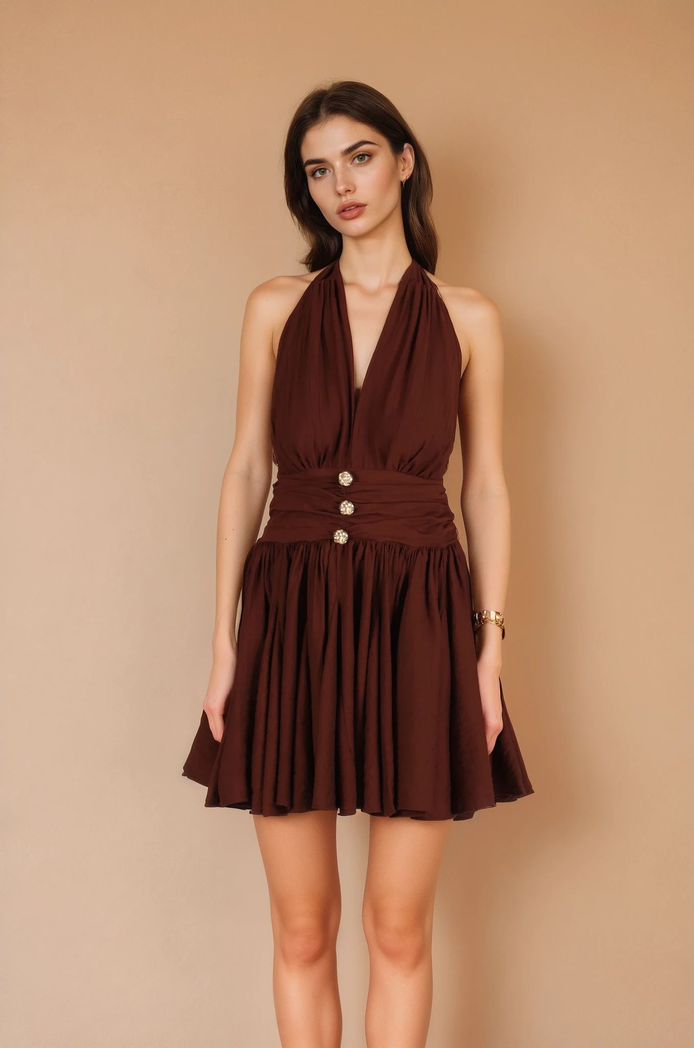 Kahverengi Boyundan Bağlamalı Bel Detaylı Elbise