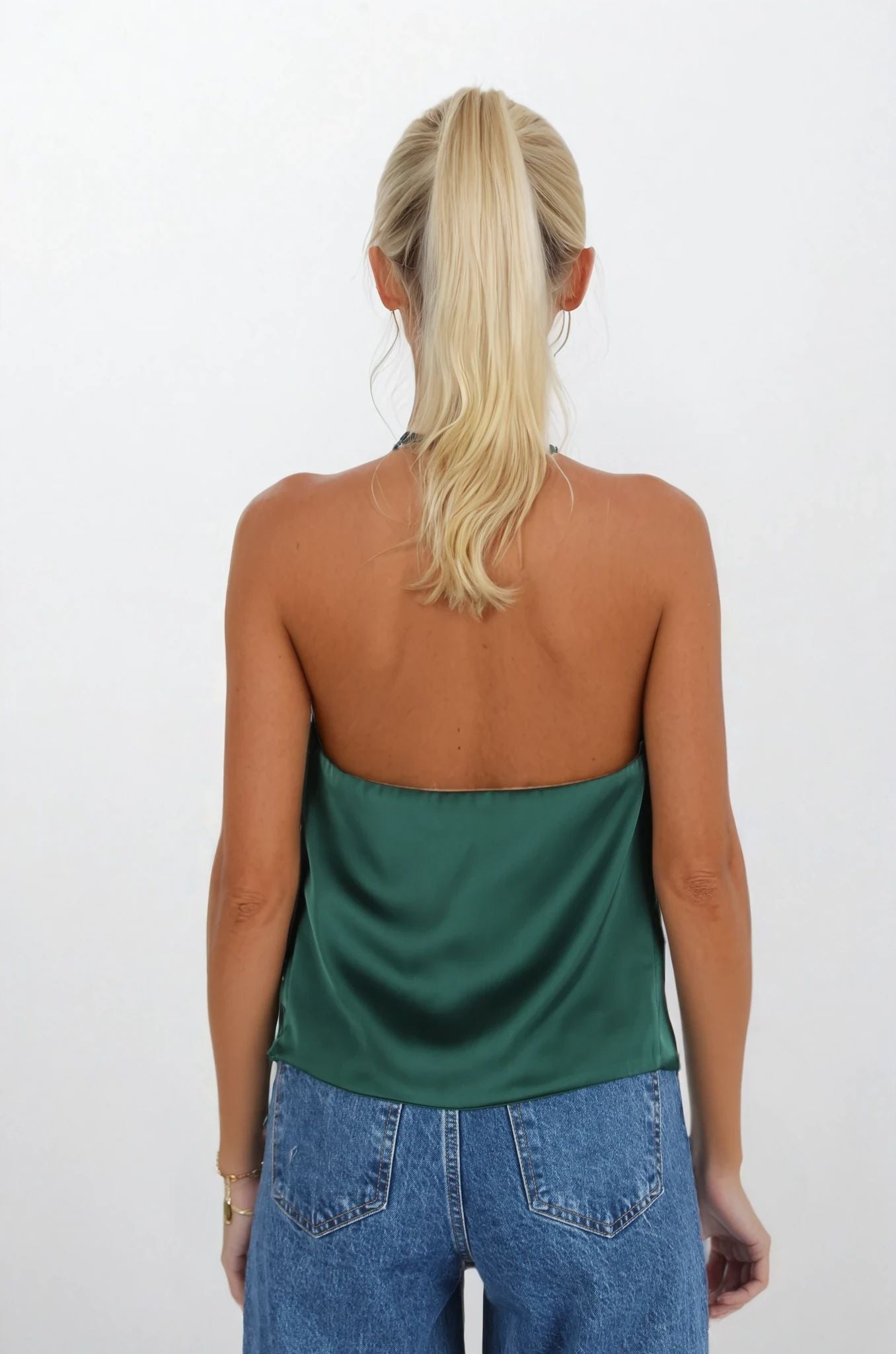 Yeşil Sırt Detaylı Saten Bluz