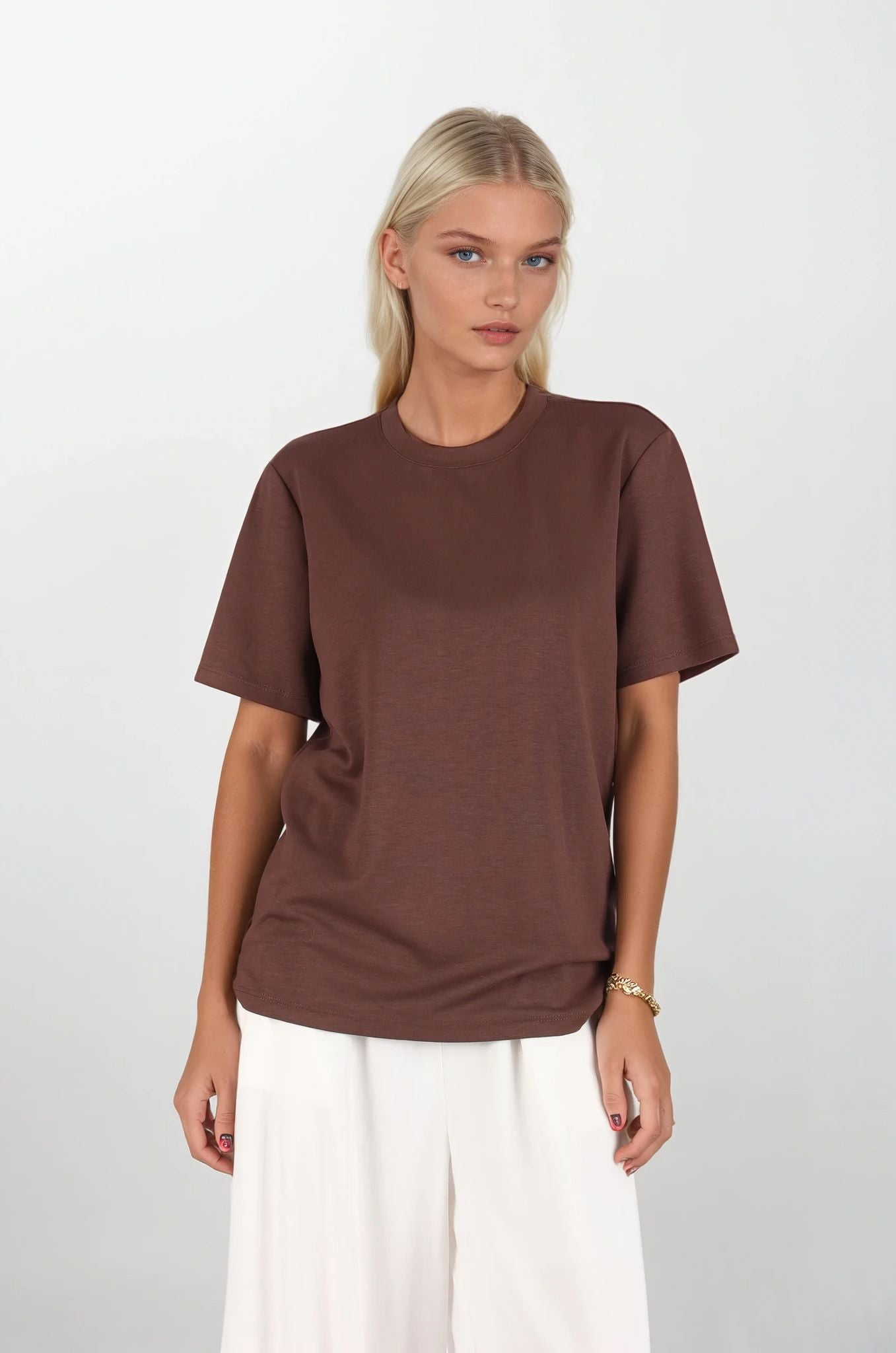 Kahverengi Bisiklet Yakalı Oversize T-Shirt