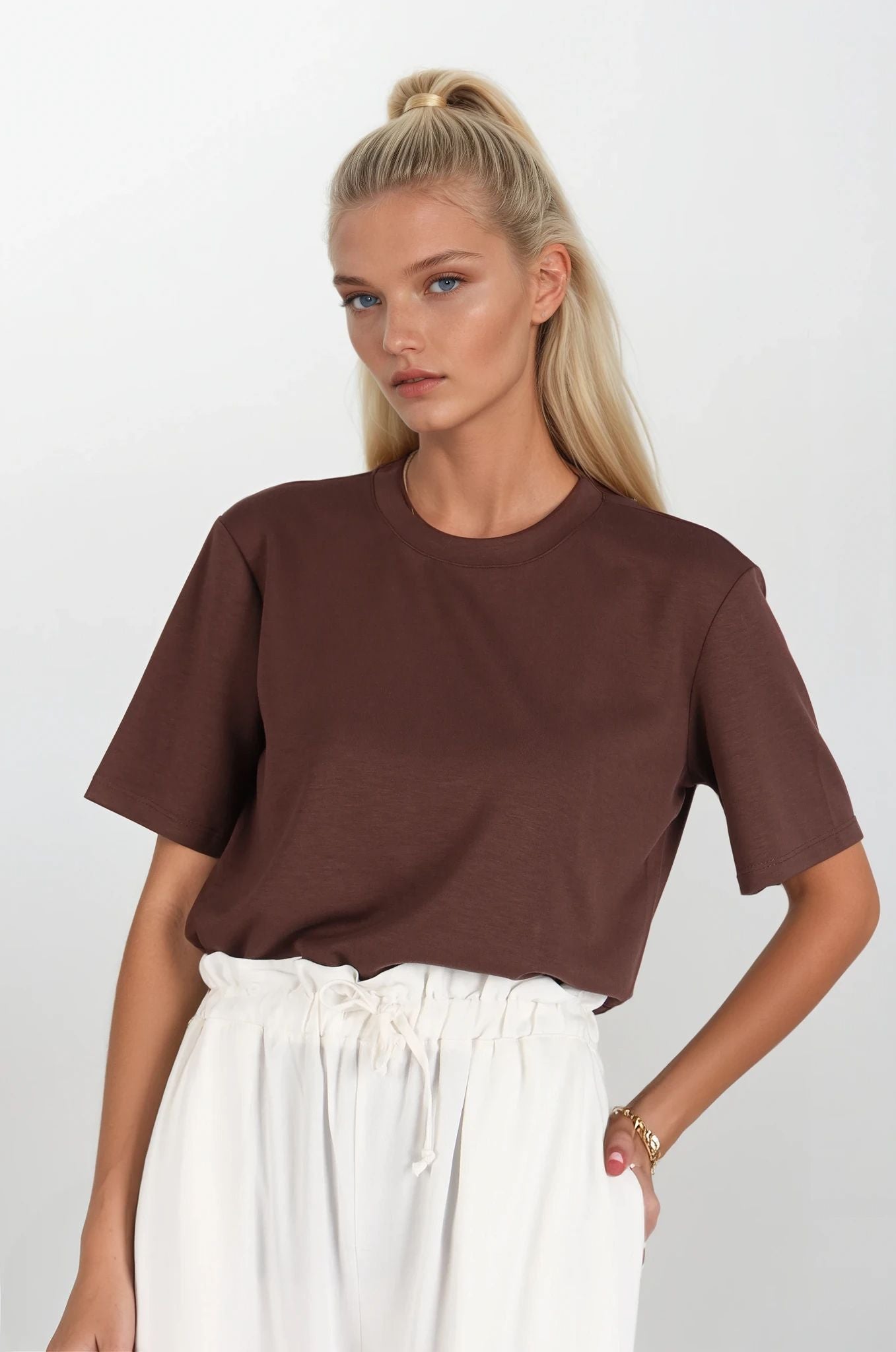 Kahverengi Bisiklet Yakalı Oversize T-Shirt