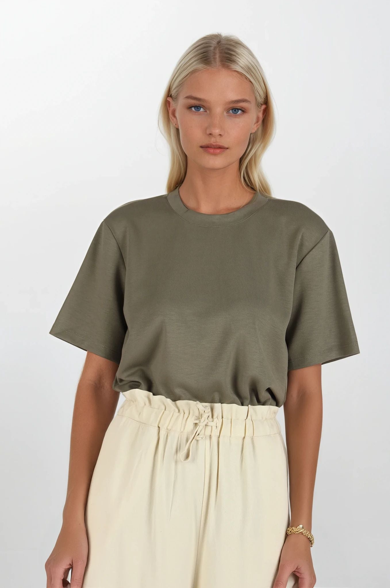 Haki Bisiklet Yakalı Oversize T-Shirt