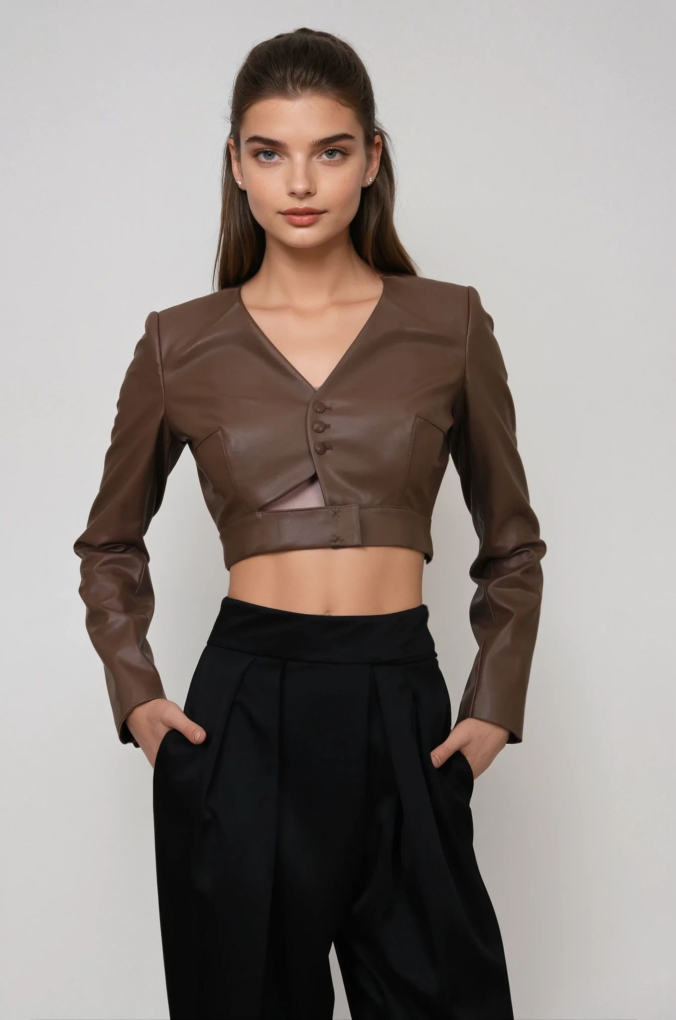 Kahverengi Crop Deri Ceket