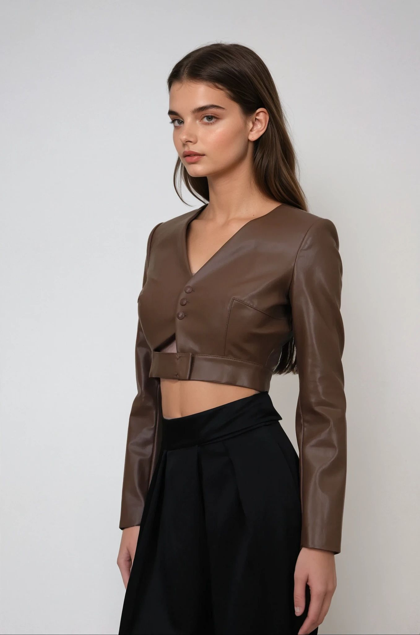 Kahverengi Crop Deri Ceket