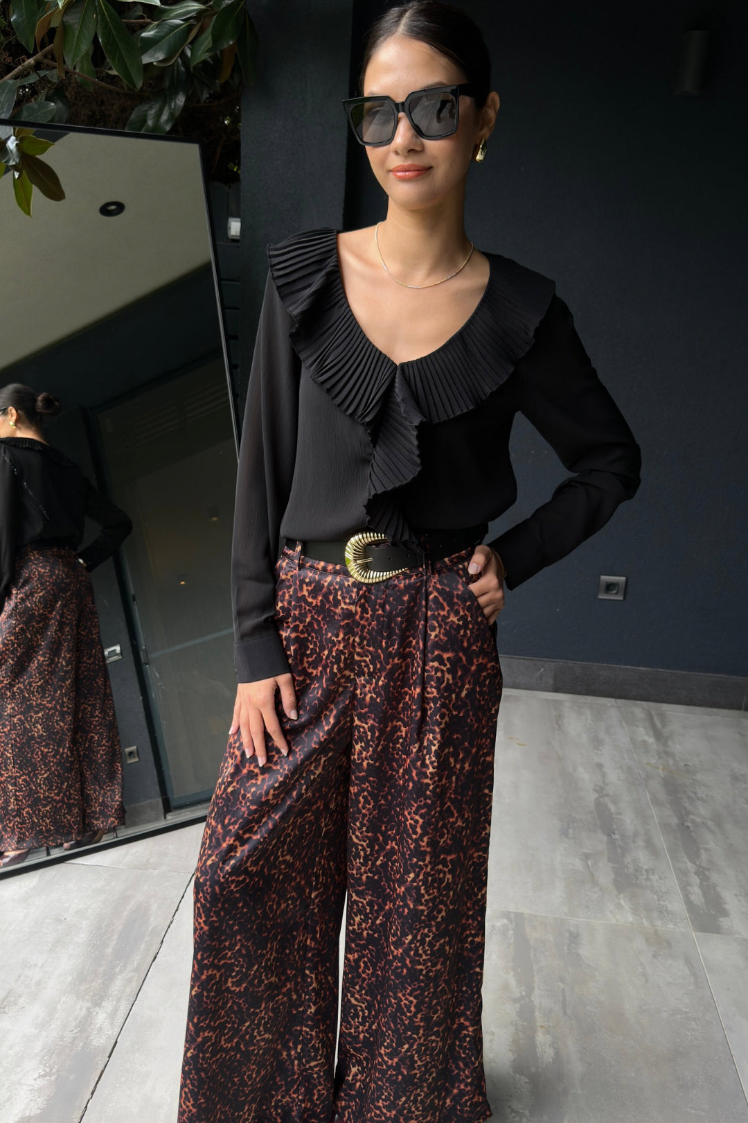 Leopar Desenli Kemerli Pantolon