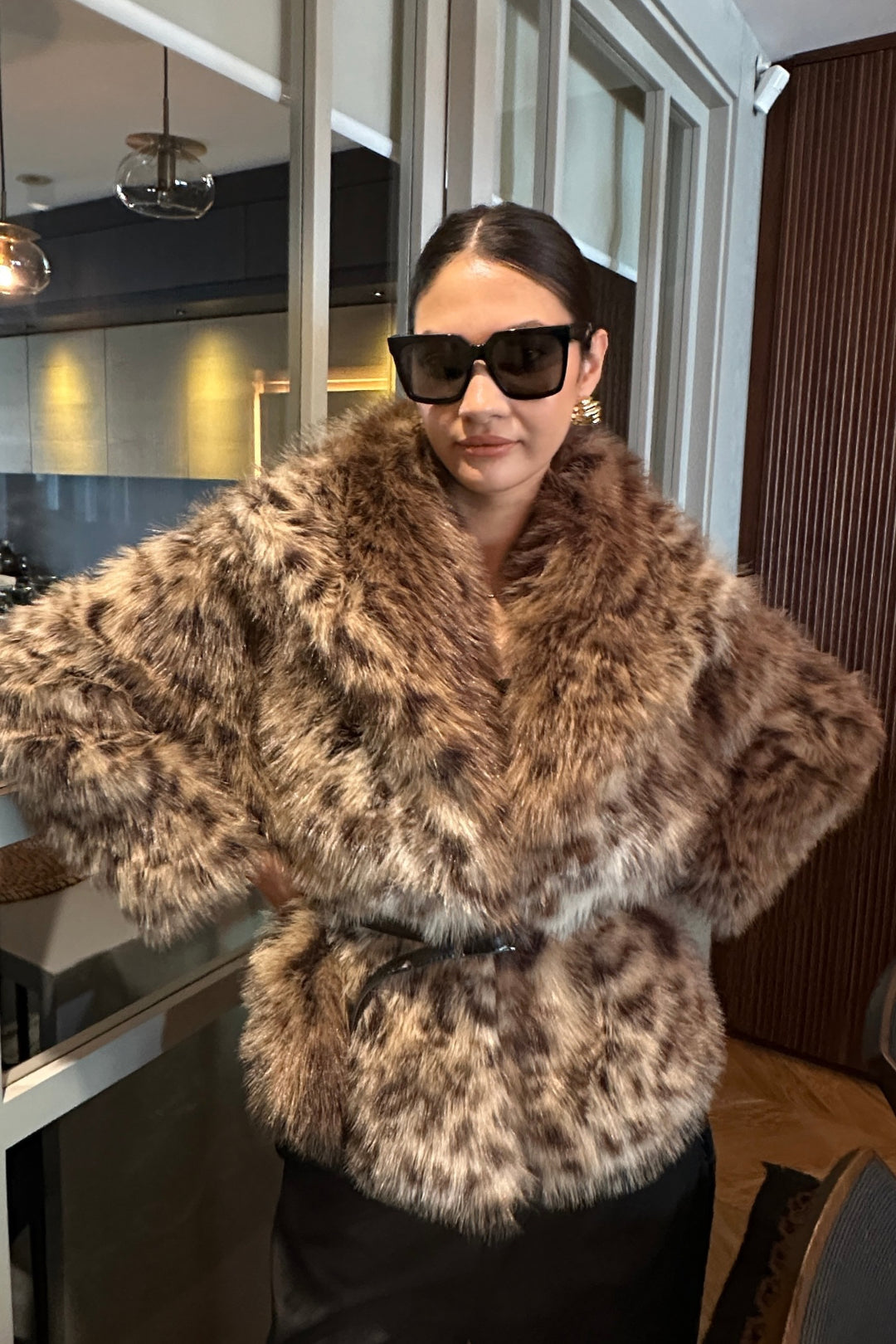 Leopar Kemer Detaylı Desenli Kürk