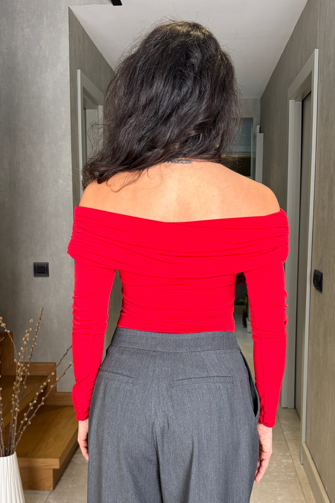 Kırmızı Kruvaze Drape Yaka Bluz