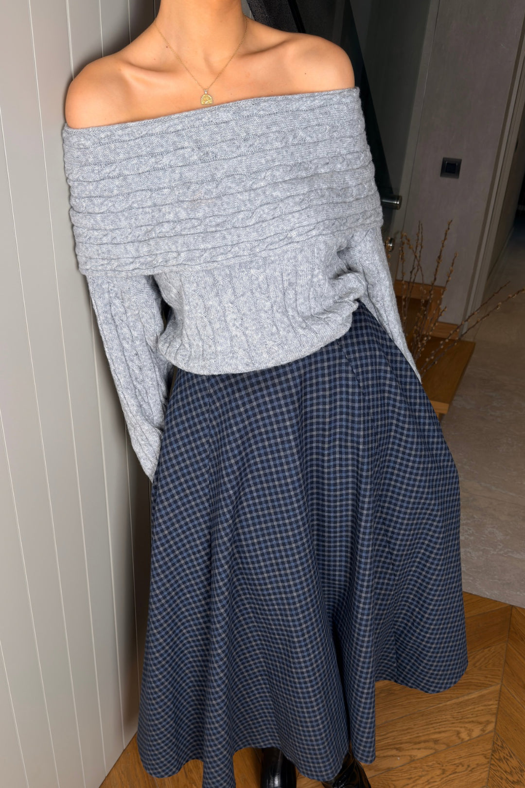 Mavi Ekose Midi Boy Etek