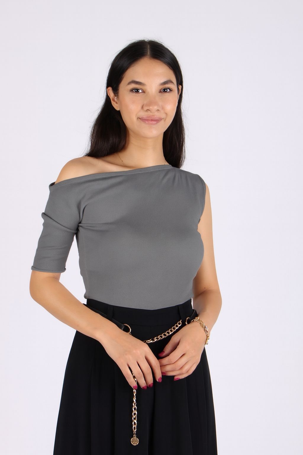 Gri Omuz Detaylı Triko Bluz