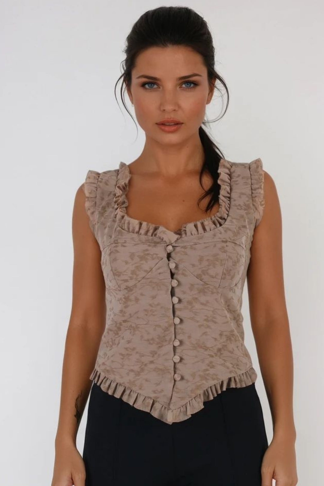 Vizon Fırfır Detaylı Dantel Bluz