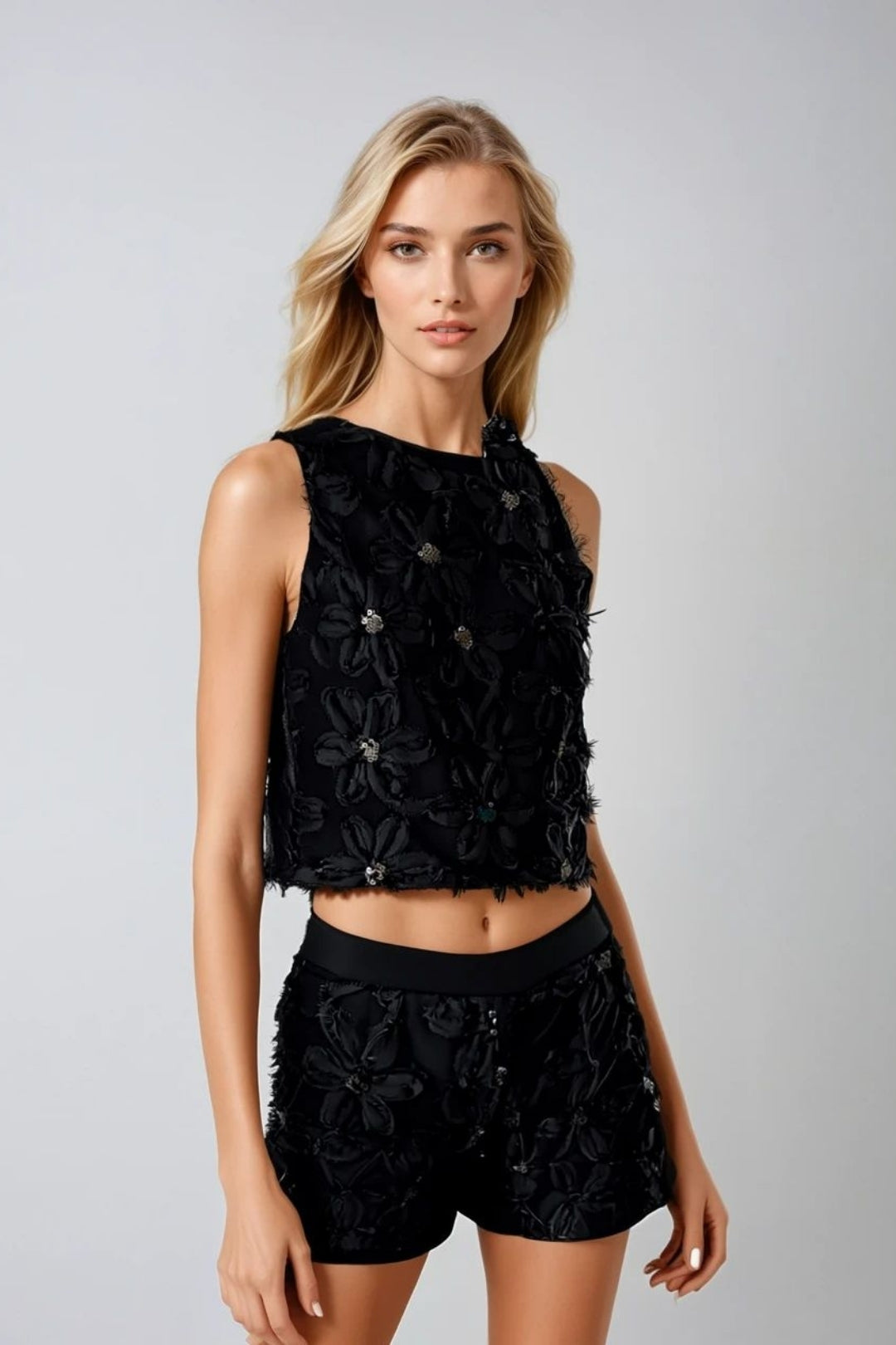Siyah Çiçekli Şort Bluz Takım