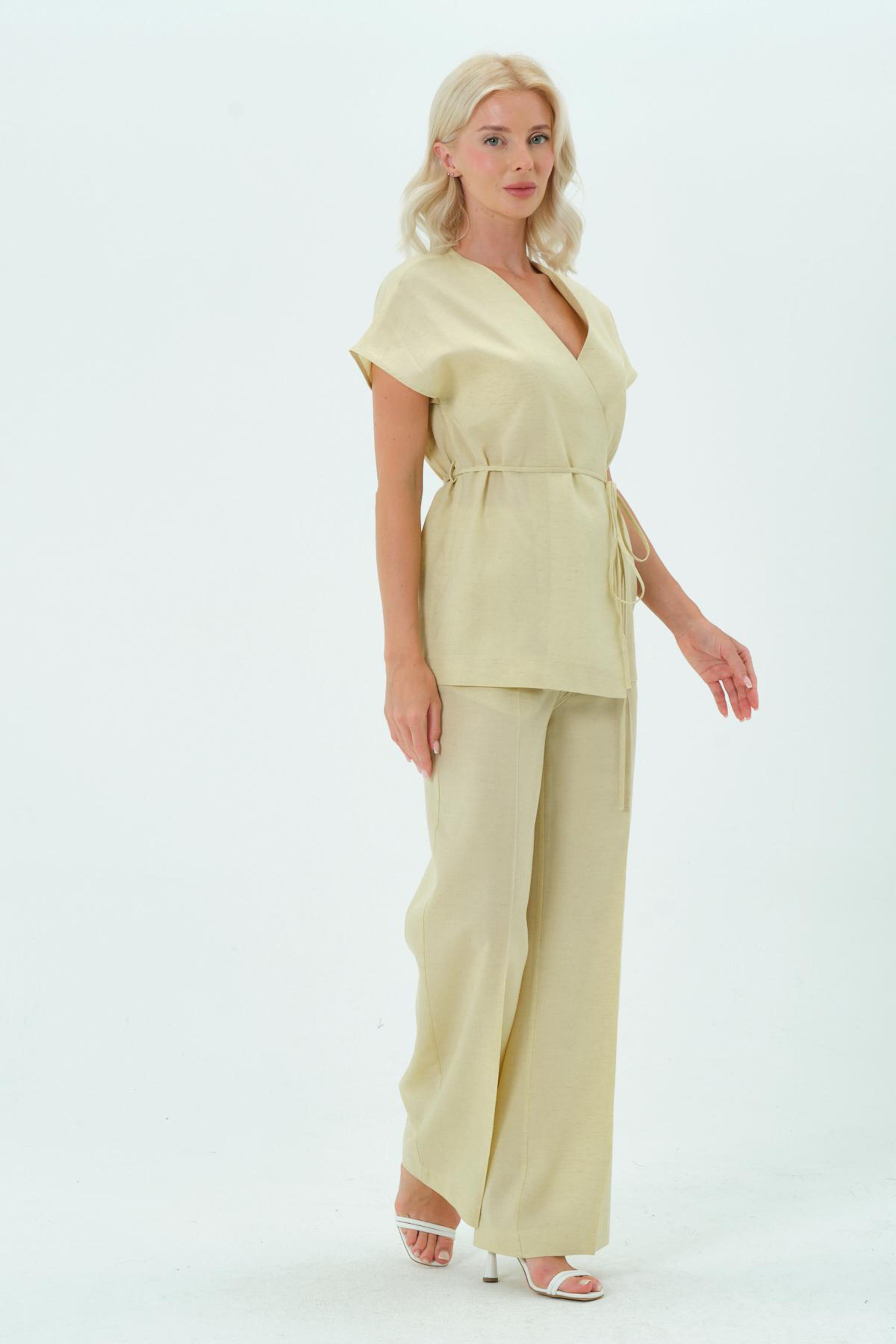 Sarı Keten Bluz Pantolon Takım