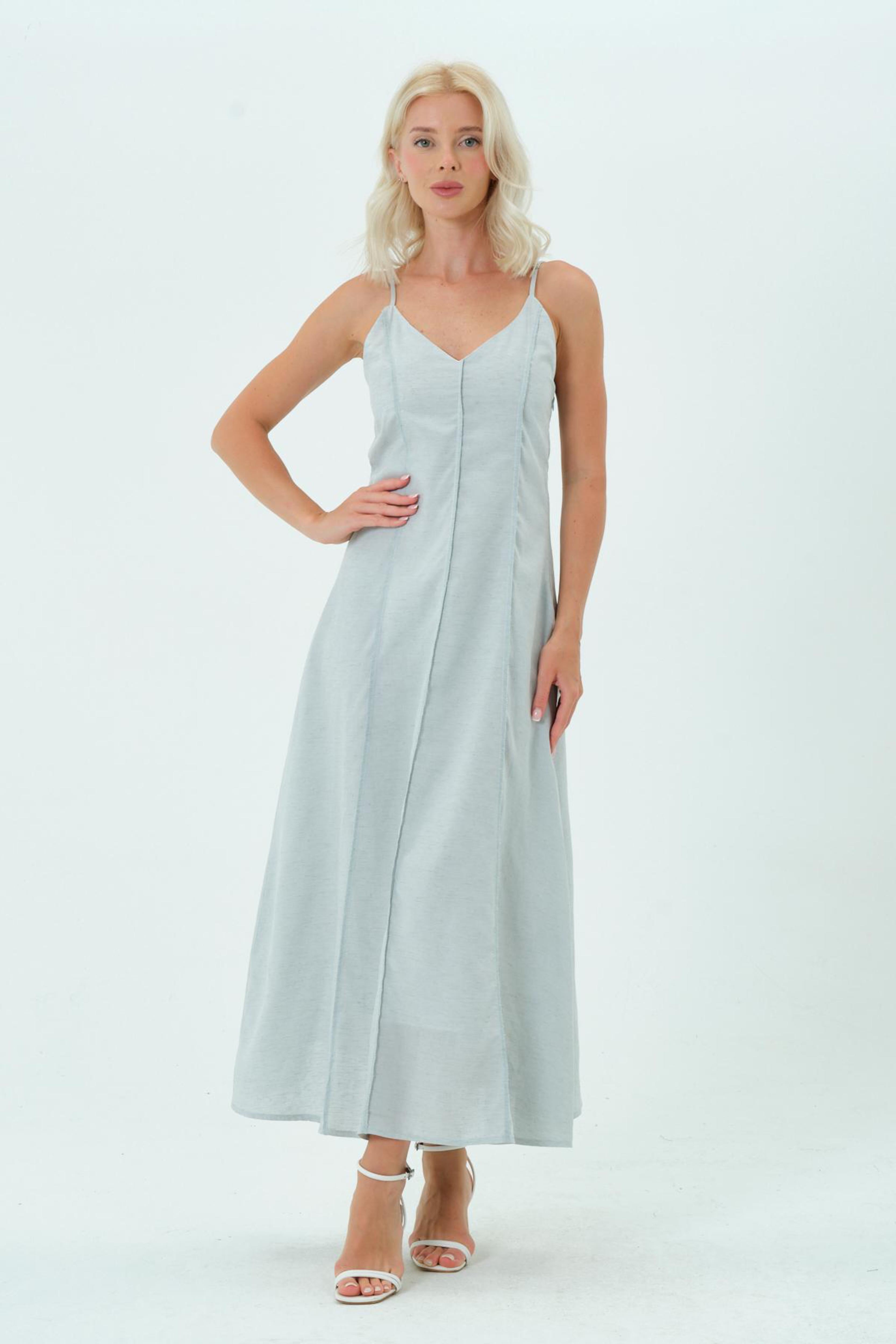 Bebe Mavi Dikiş Detaylı Midi Boy Elbise