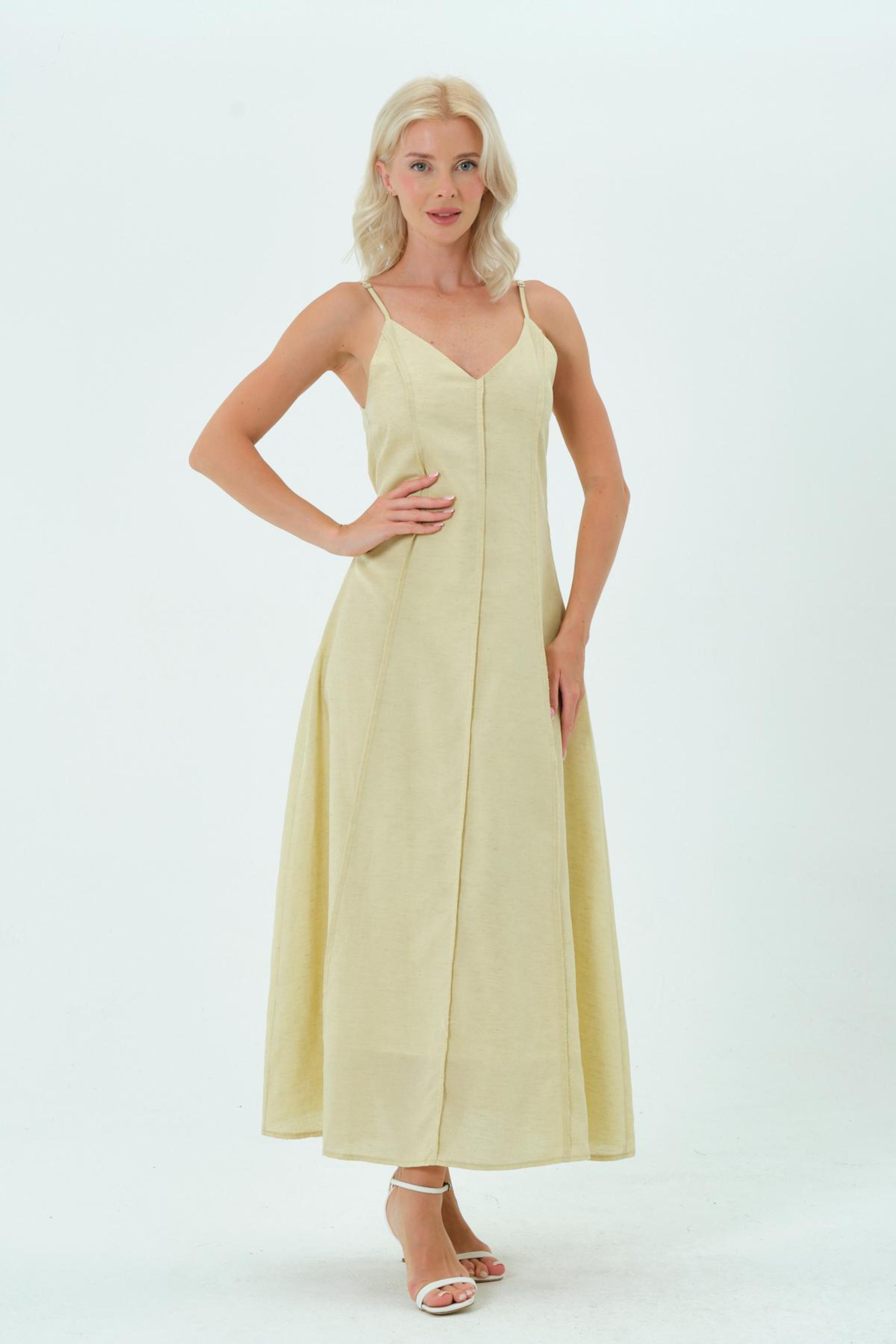 Sarı Dikiş Detaylı Midi Boy Elbise