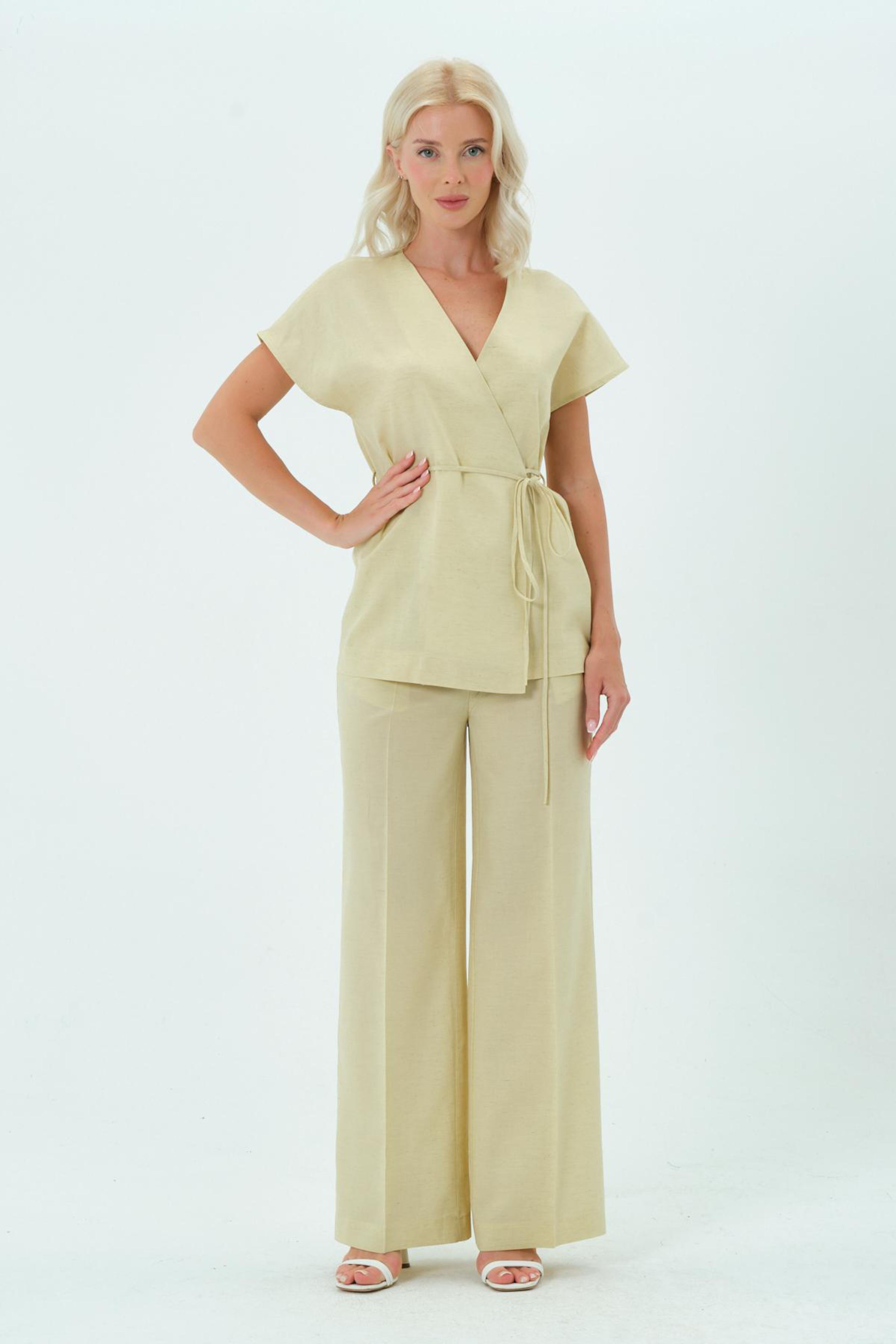 Sarı Keten Bluz Pantolon Takım