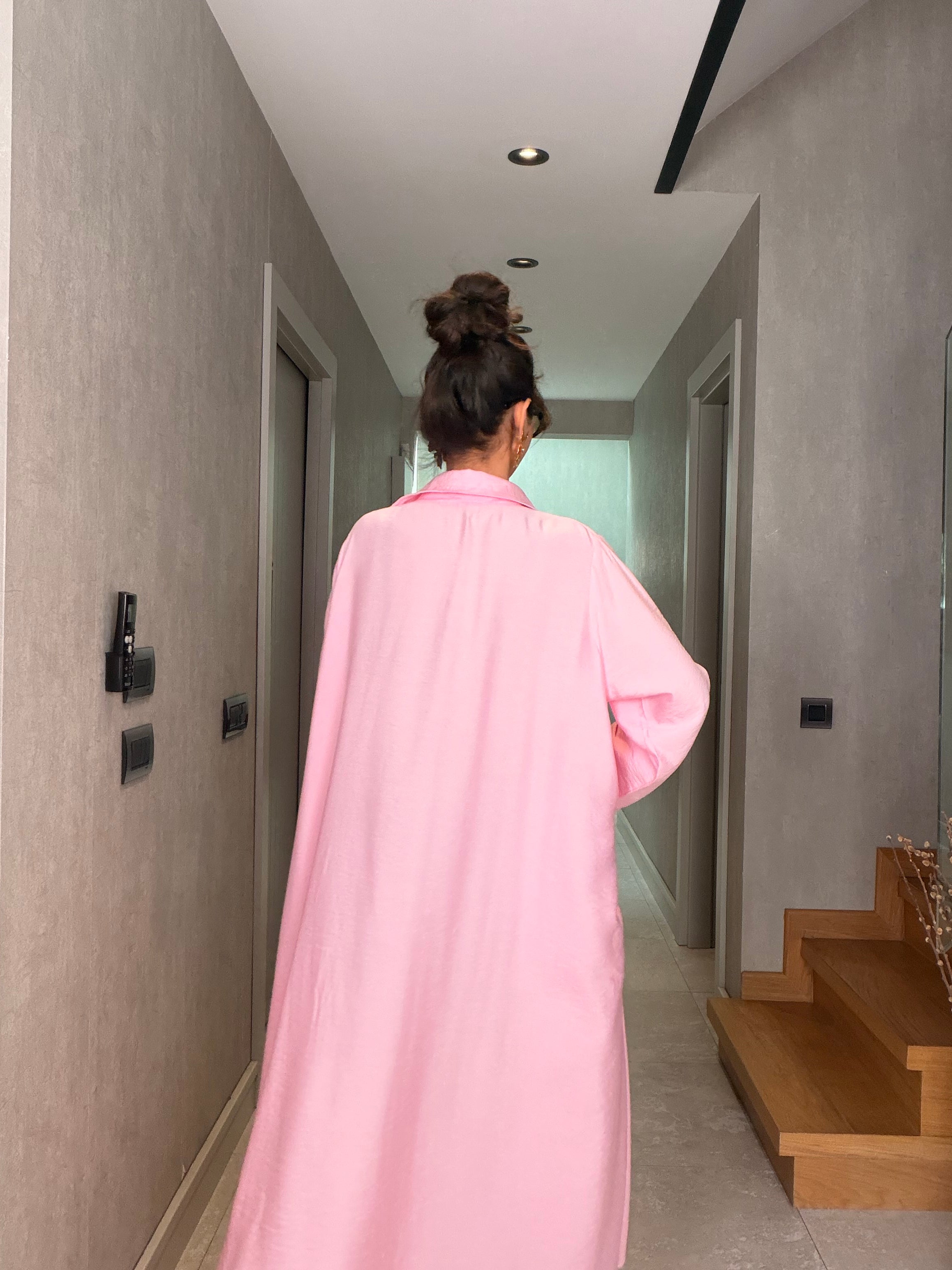 Pembe Çizgili İthal Maxi Elbise