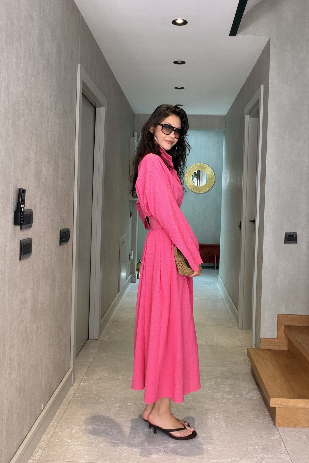 Pembe Çizgili İthal Maxi Elbise