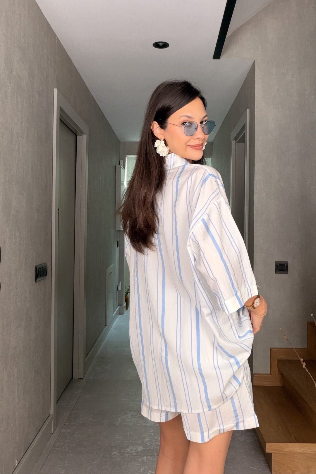 Bebe Mavi Çizgili Şort Takım