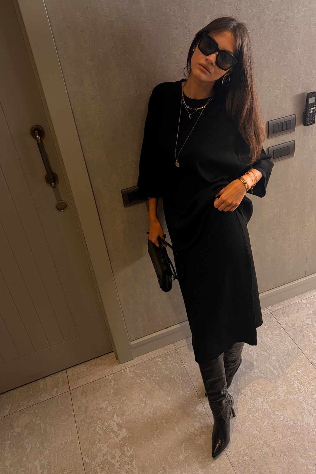 Siyah Oversize Triko Kazak Midi Etek Takım
