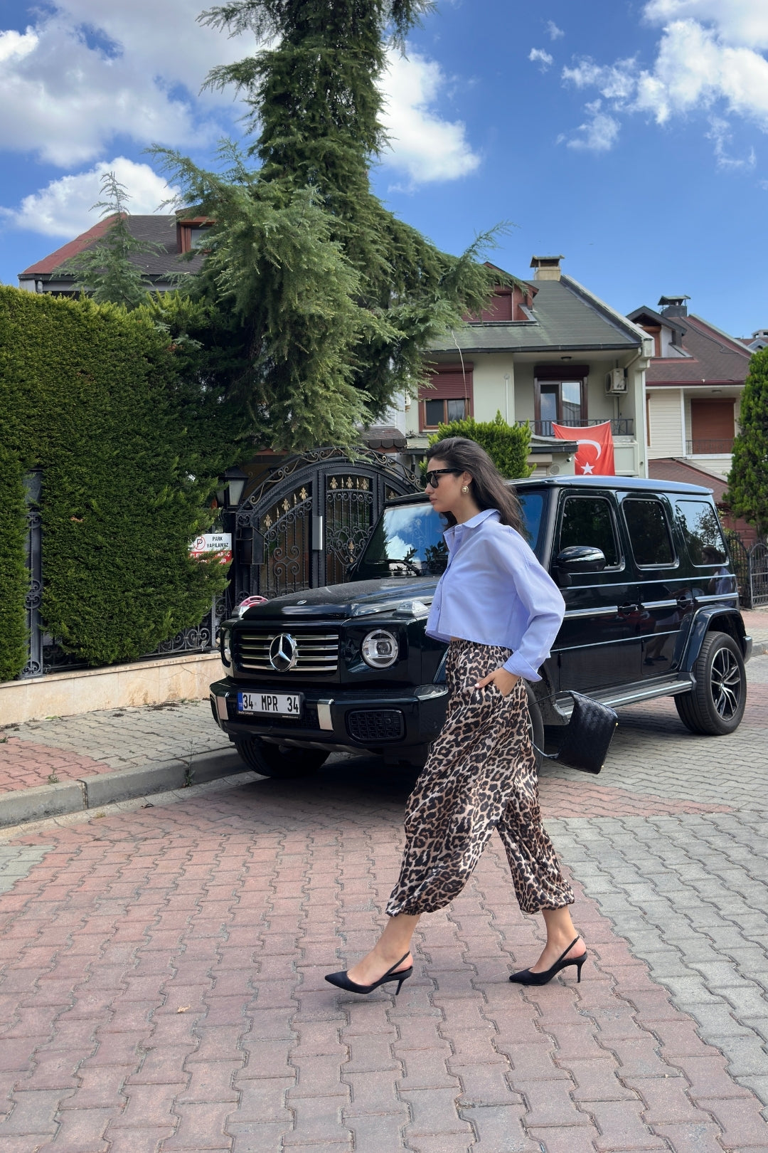 Leopar Saten Şalvar Pantolon