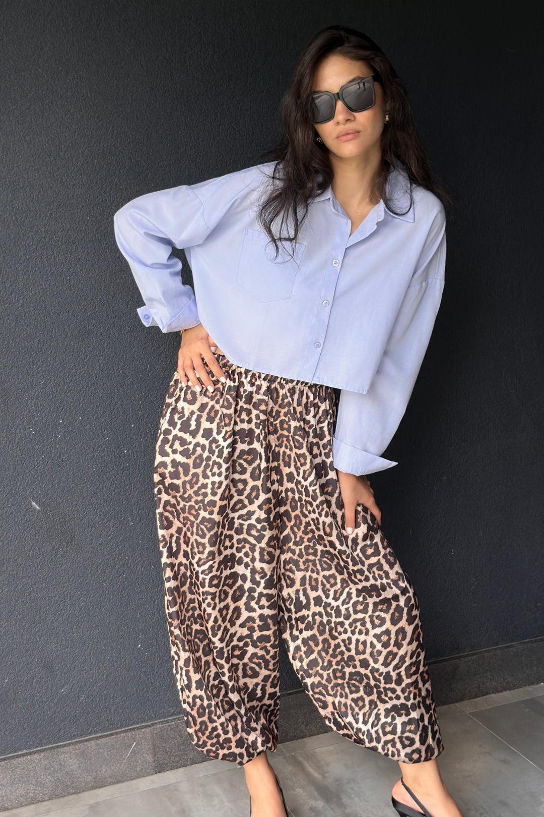 Leopar Saten Şalvar Pantolon
