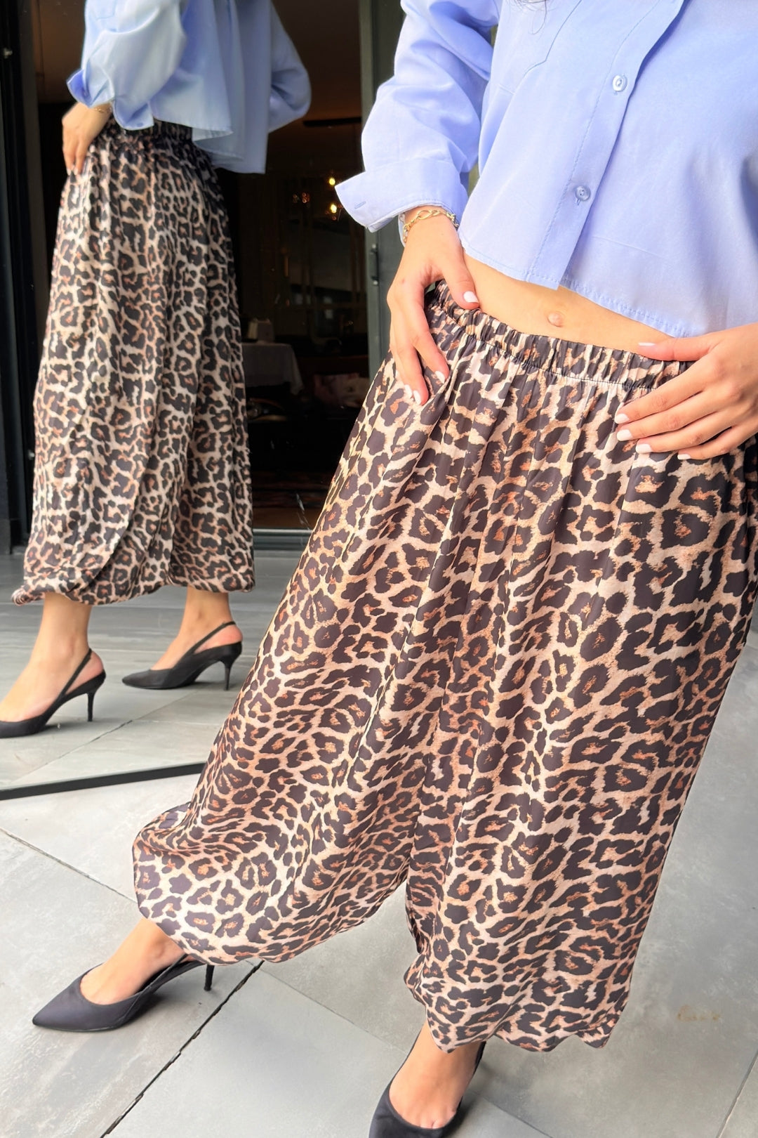 Leopar Saten Şalvar Pantolon