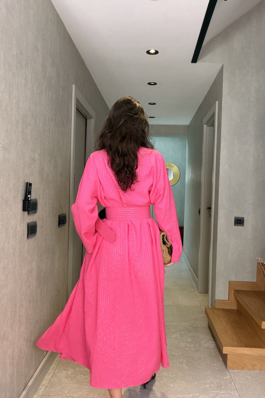 Pembe Çizgili İthal Maxi Elbise