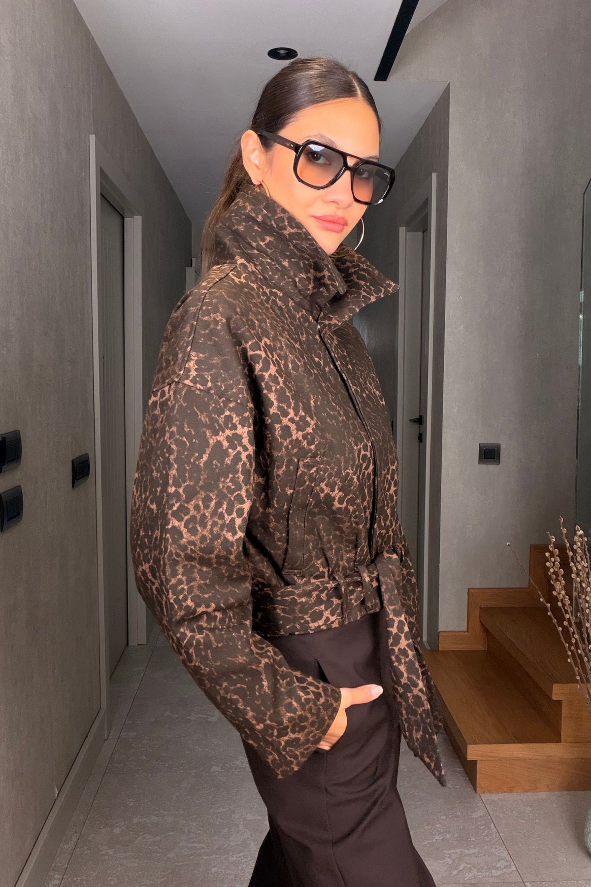 Leopar Desen Gabardin Ceket