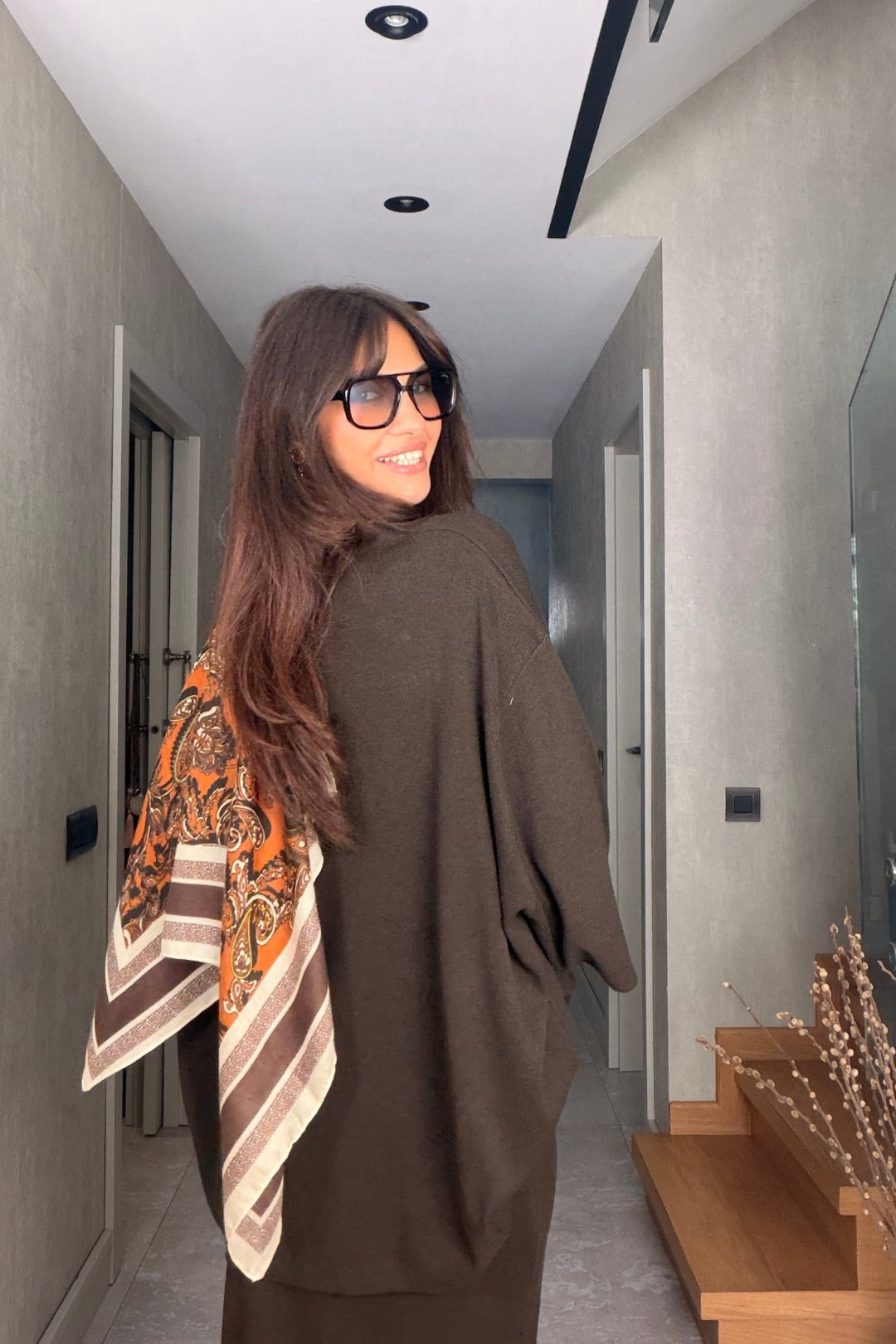 Kahverengi Oversize Triko Kazak Midi Etek Takım