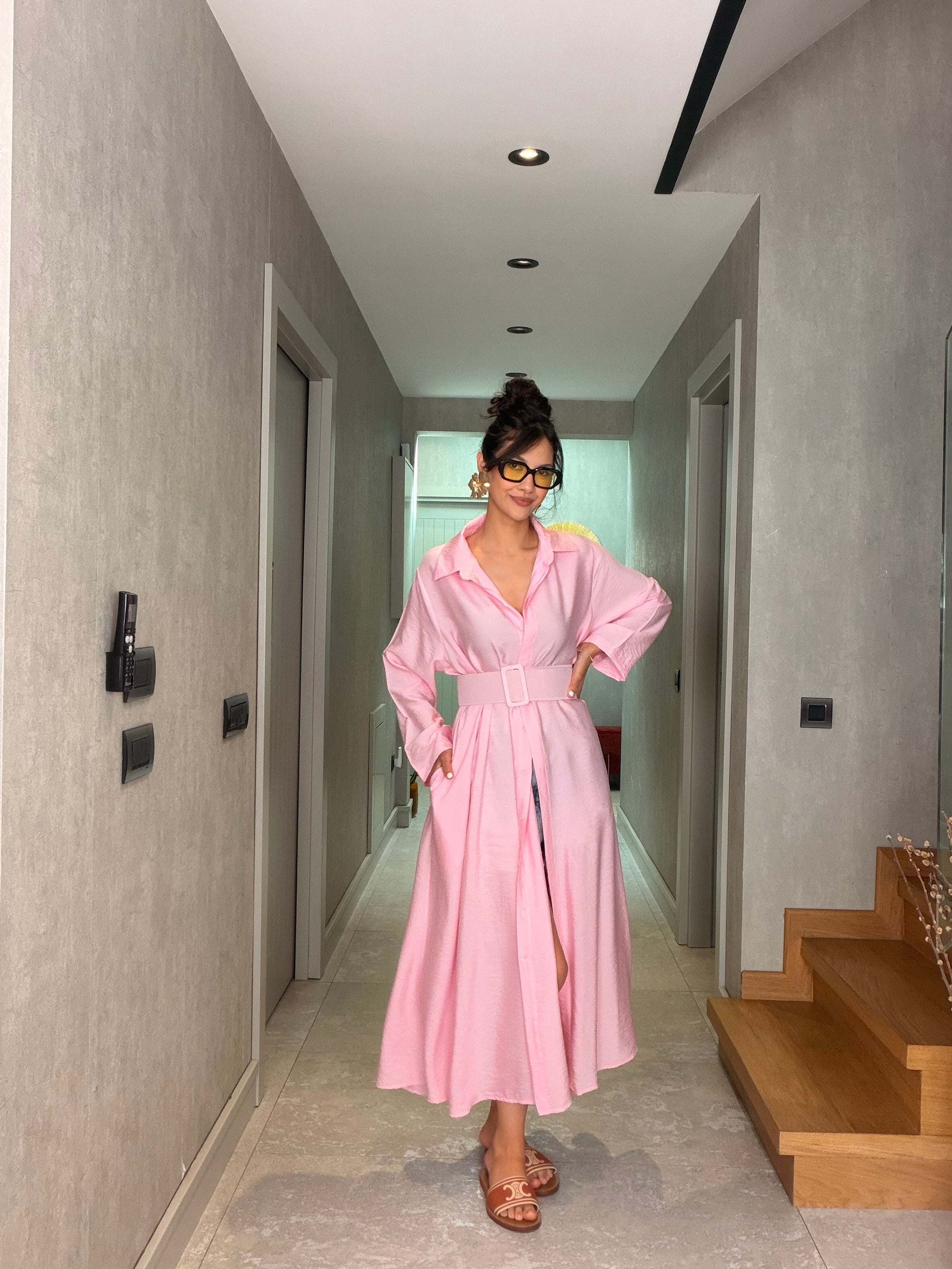 Pembe Çizgili İthal Maxi Elbise