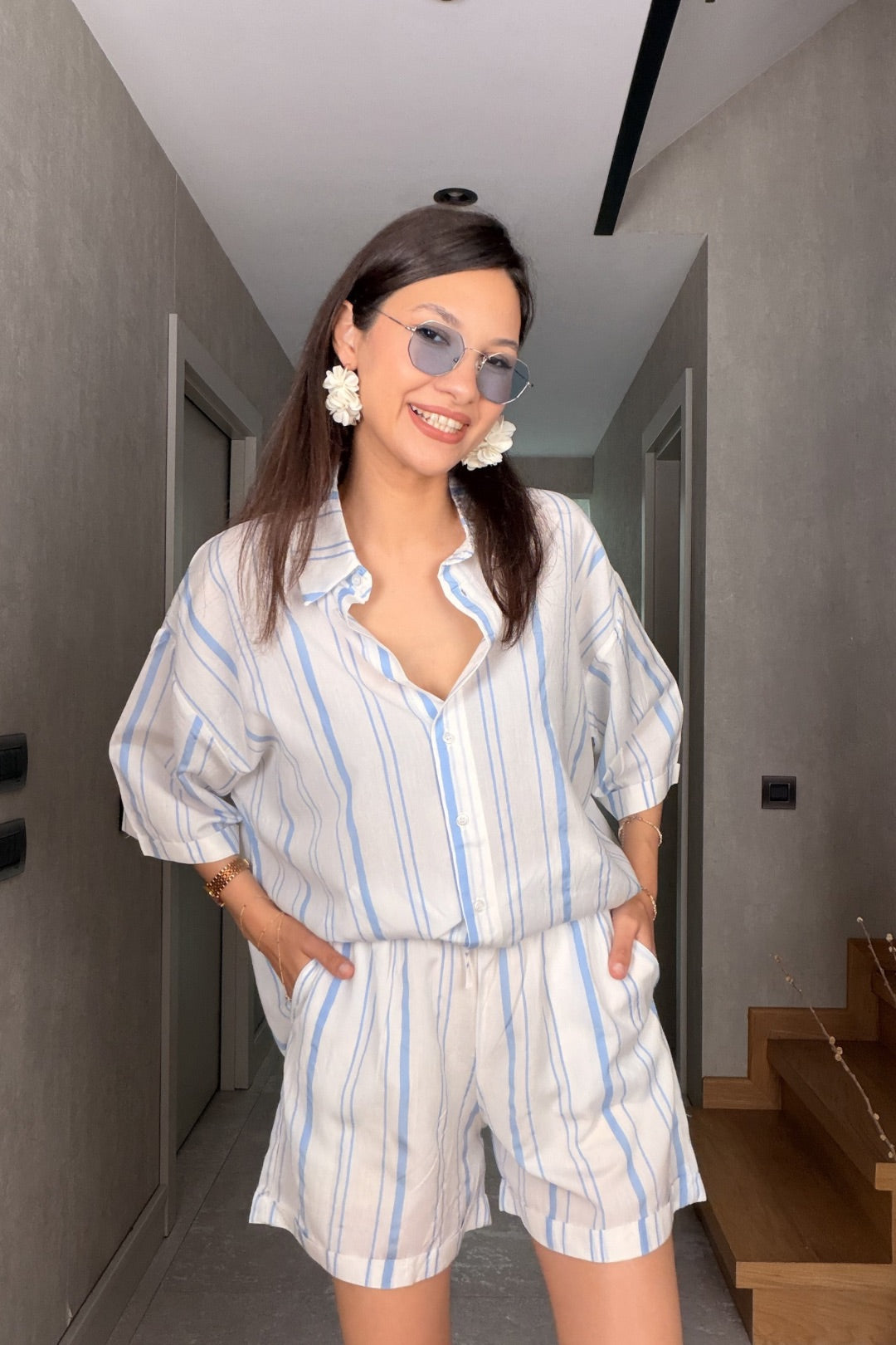Bebe Mavi Çizgili Şort Takım