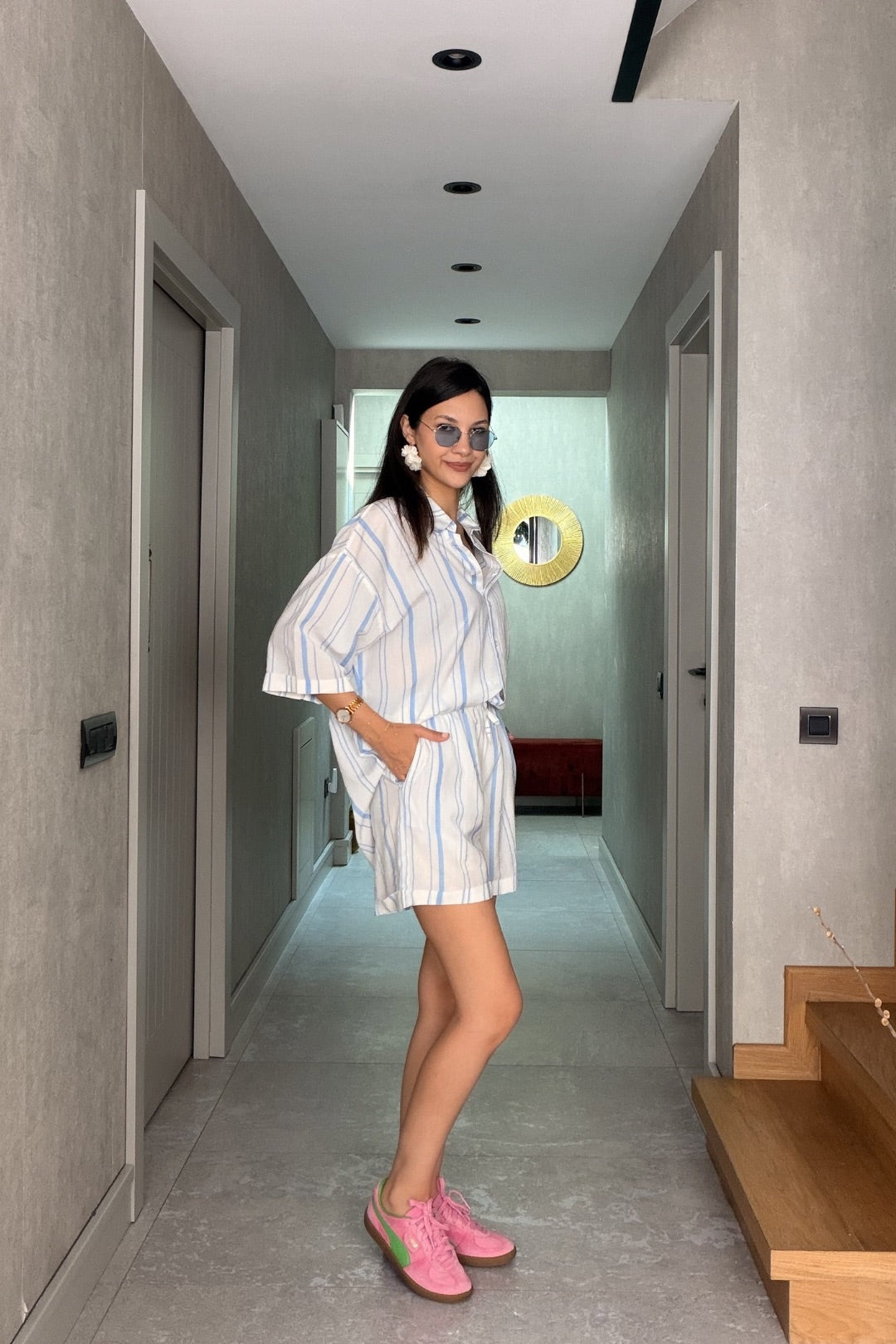 Bebe Mavi Çizgili Şort Takım