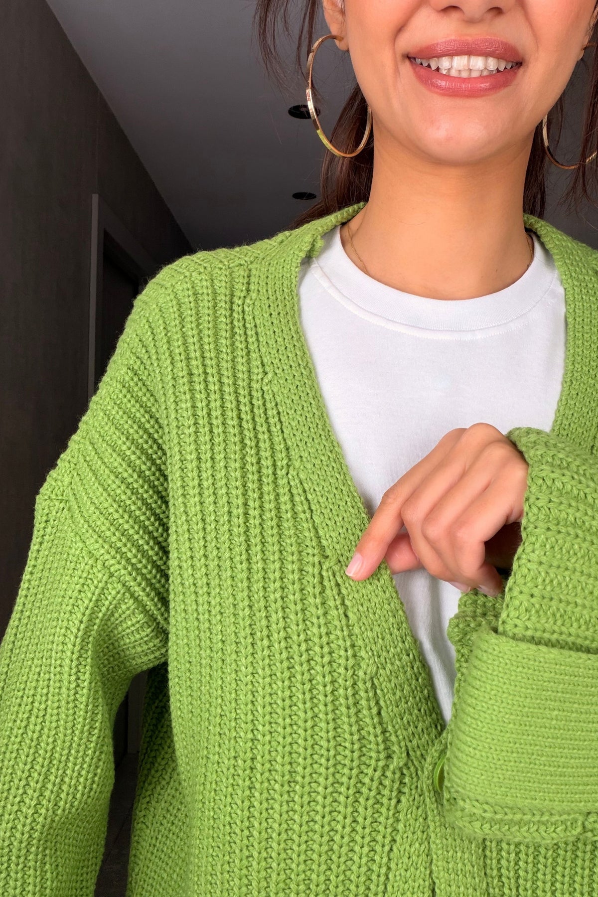 Yeşil Oversize Düğmeli Örme Hırka