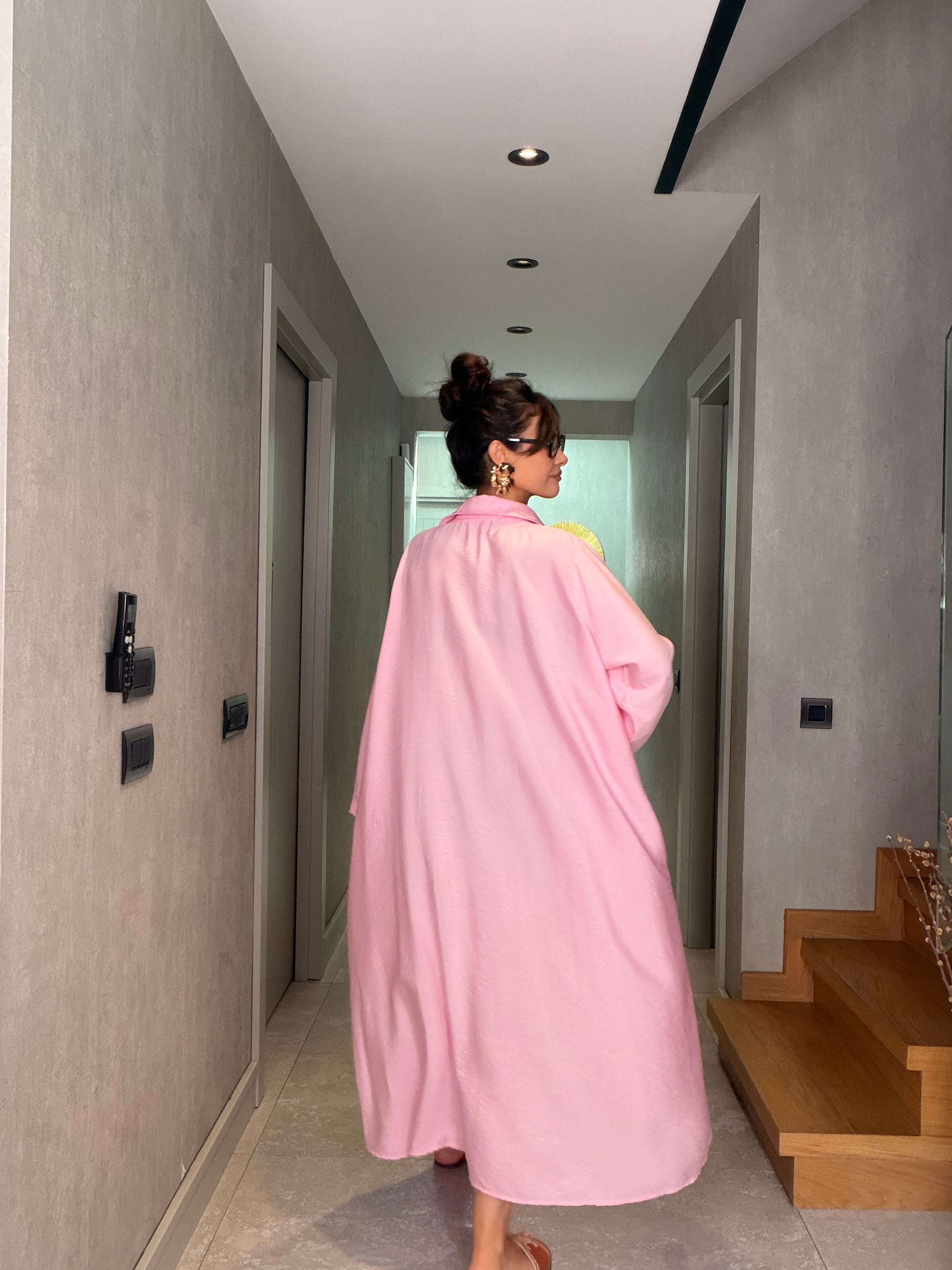 Pembe Çizgili İthal Maxi Elbise