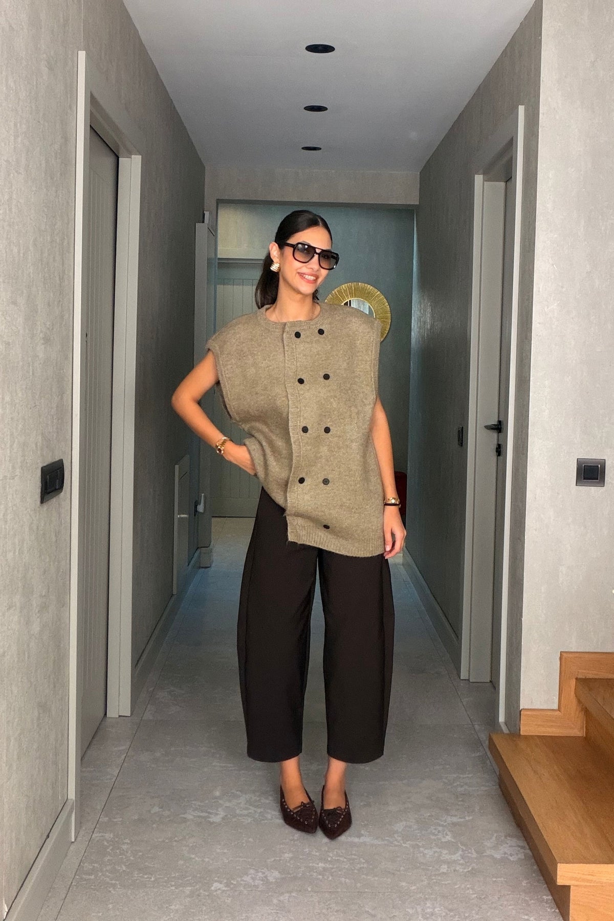 Yeşil Düğmeli Oversize Triko Yelek